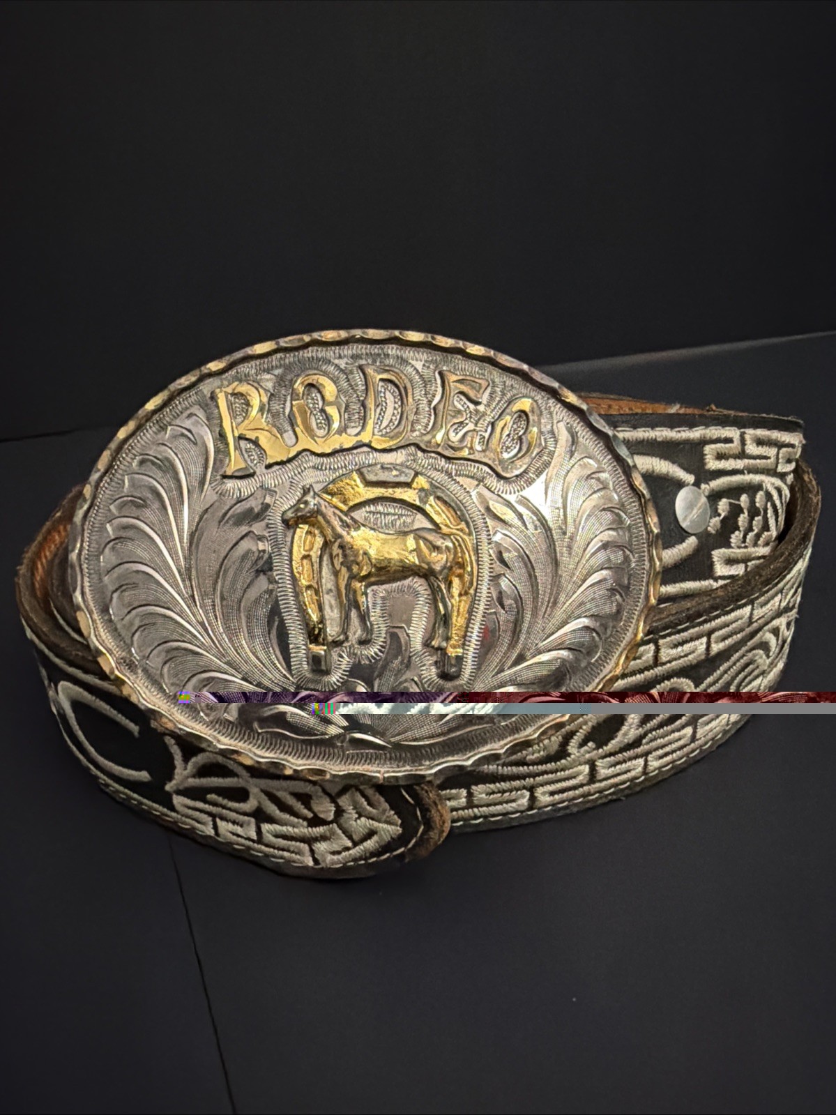 Vintage Artes Valenzuela AV Rodeo Horse Buckle & Charro Belt Mexico