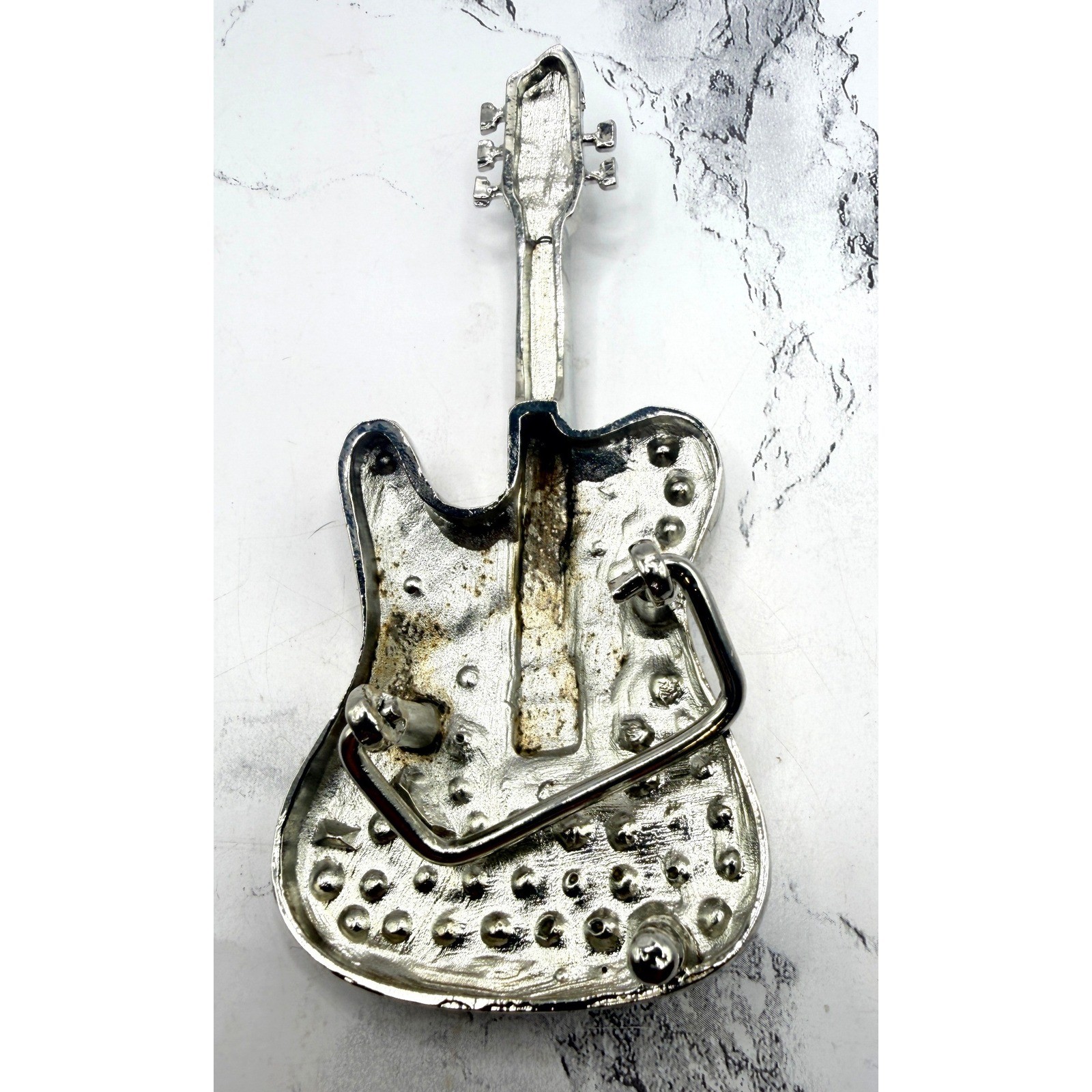 Rhinestone Guitar Belt Buckle Silver Tone Western Rock Music 5&Prime; Fits 1.5&Prime; belt