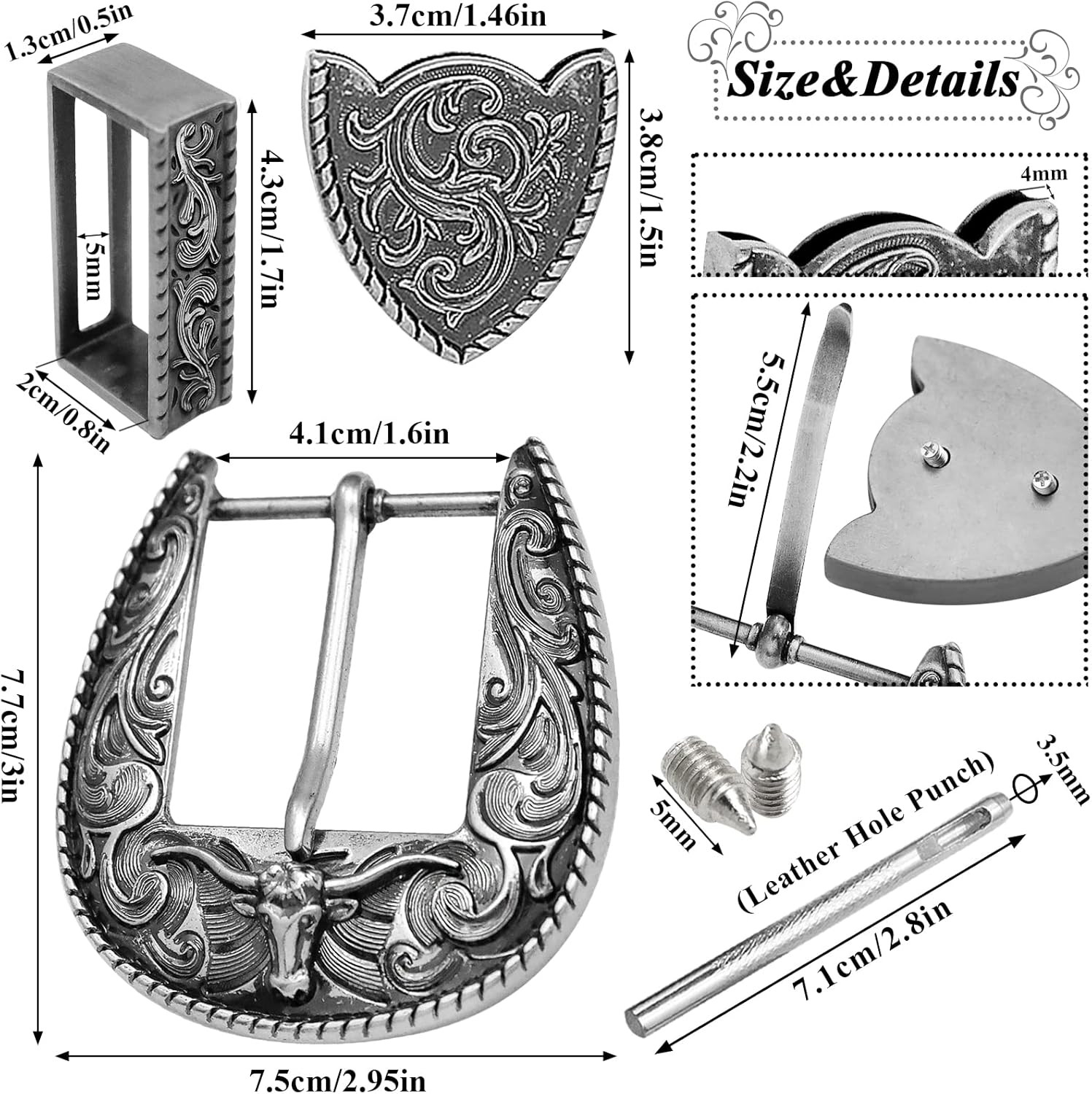 3Pcs Western Replacement Belt Buckle 1.5&Prime;(38mm) LongHorn Bull Single Prong Buckl