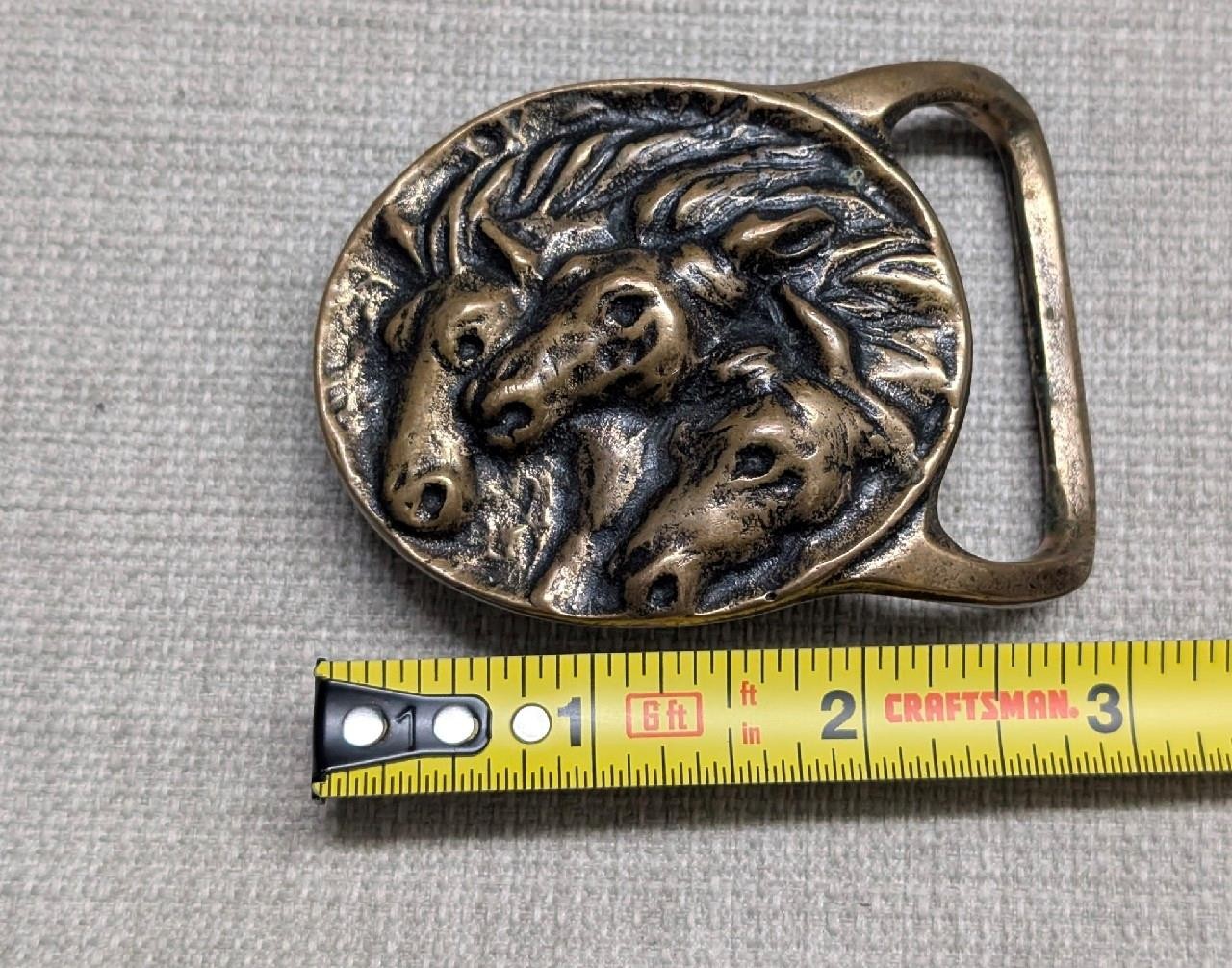 1970s vintage SOLID BRASS belt buckle PHAROHS HORSES western TECH ETHER GUILD