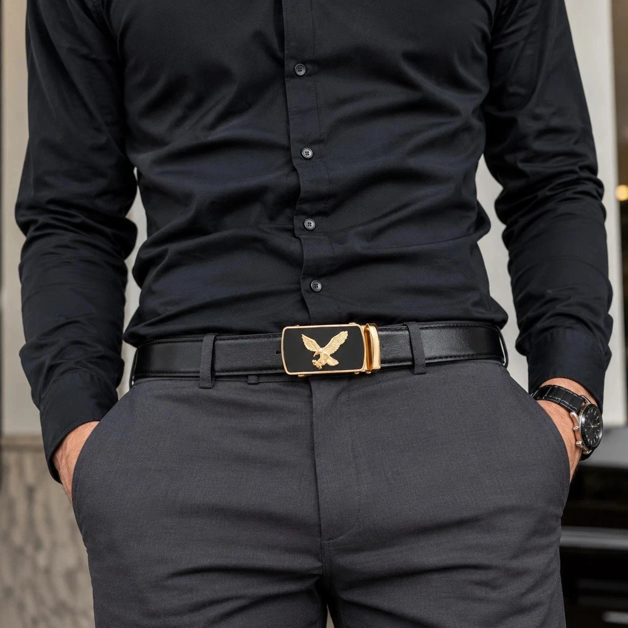 Automatic Ratchet Dress Belt Eagle Buckle Adjustable Leather Waist Belt Black