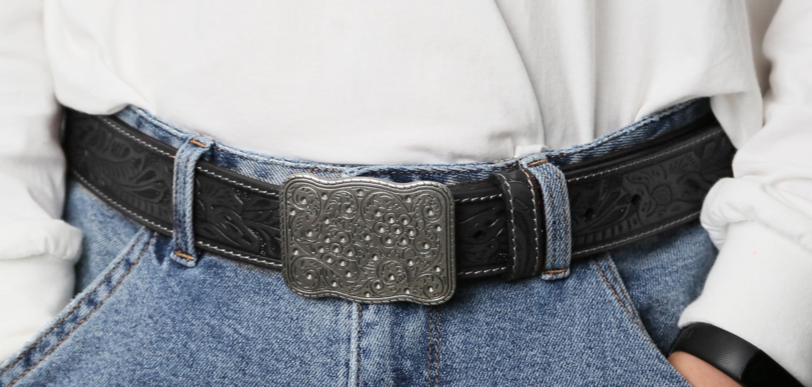 SILKSEA Men&rsquo;s Leather Belt Western Cowboy Large(40&Prime;-44&Prime;), Black