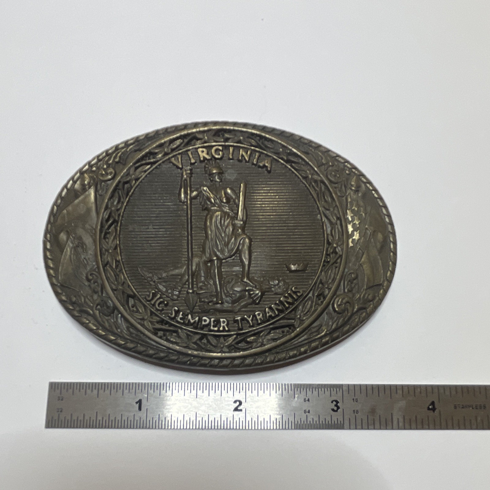 Tony Lama Virginia Sic Semper Tyrannis Oval Solid Brass Belt Buckle 1.75&Prime;
