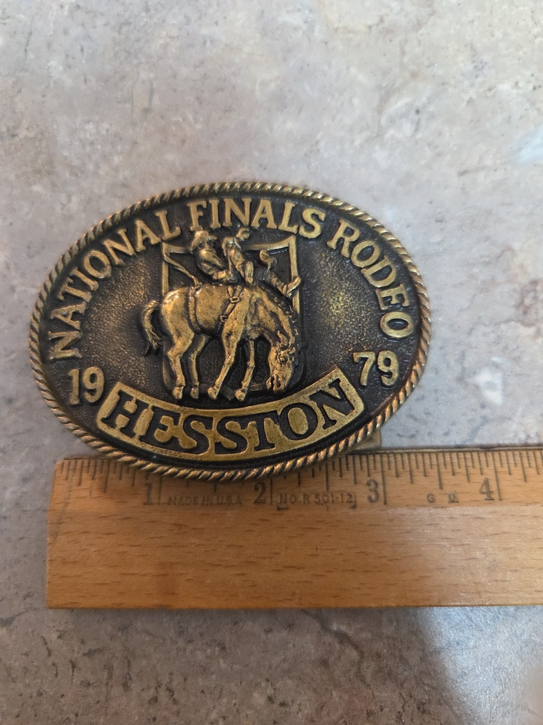 Vintage Cowboy National Finals Rodeo Hesston 1979 Belt Buckle Brass 3D VGUC