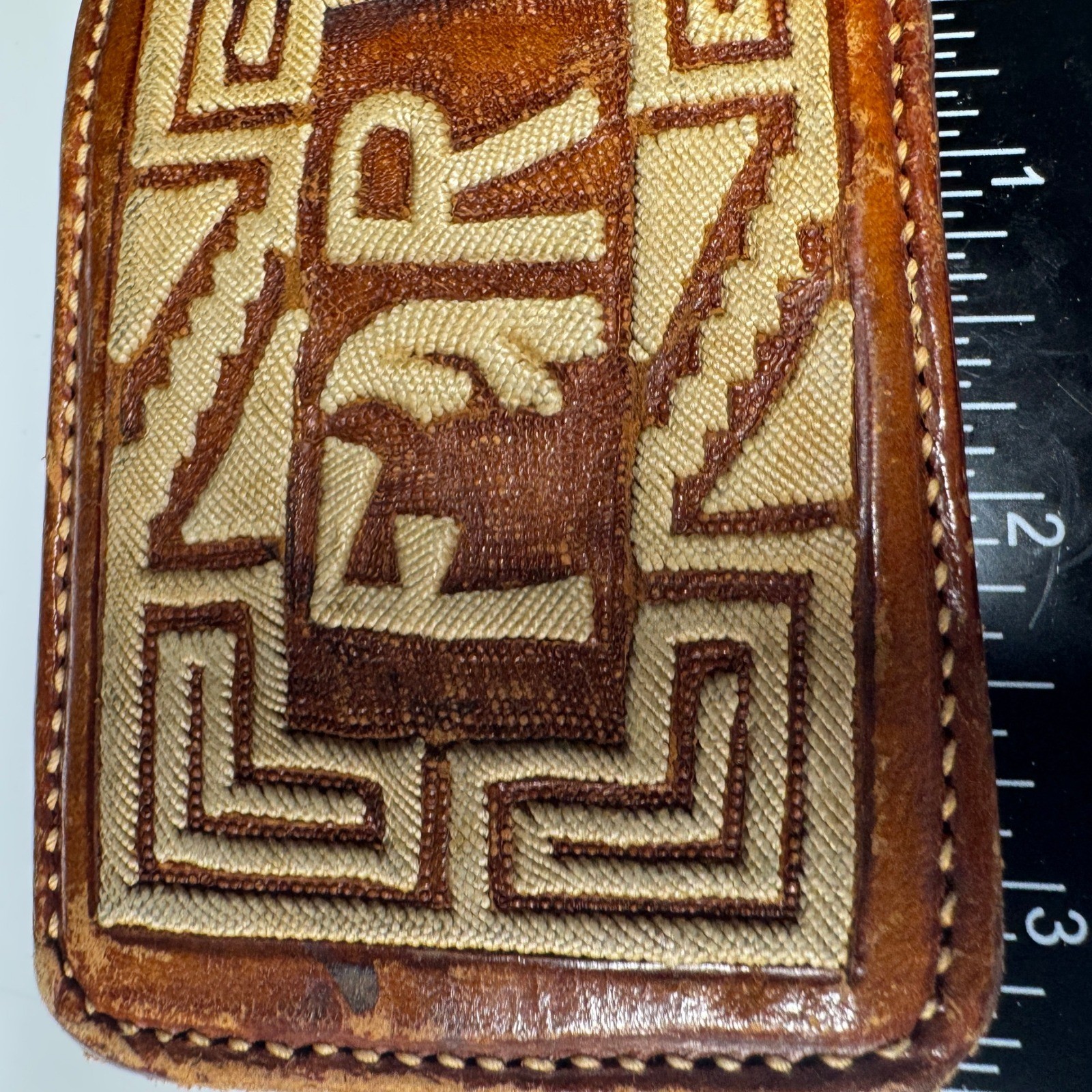 Vintage Leather Belt Buckle Western Style Geometric Embroidered F R