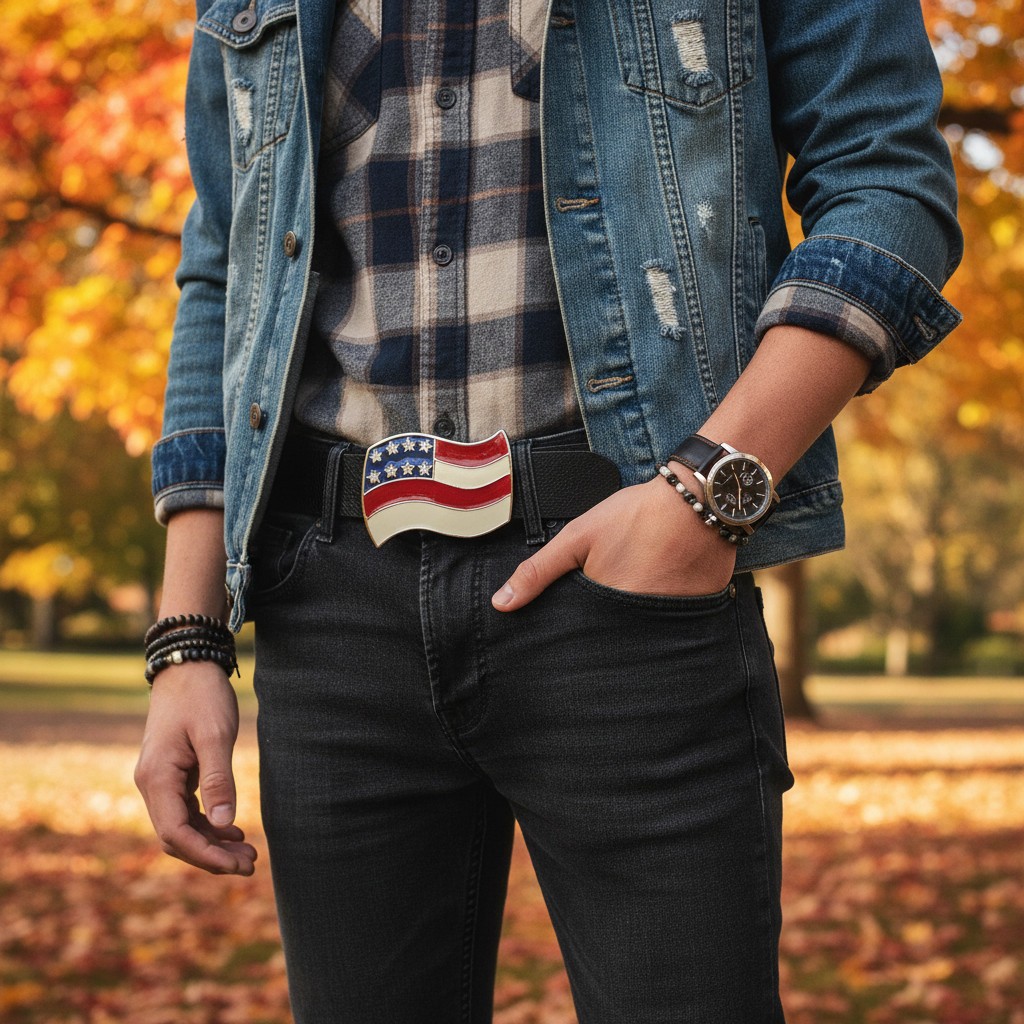 New Men Women Buckle Western Silver American USA Flag United States Casual Look