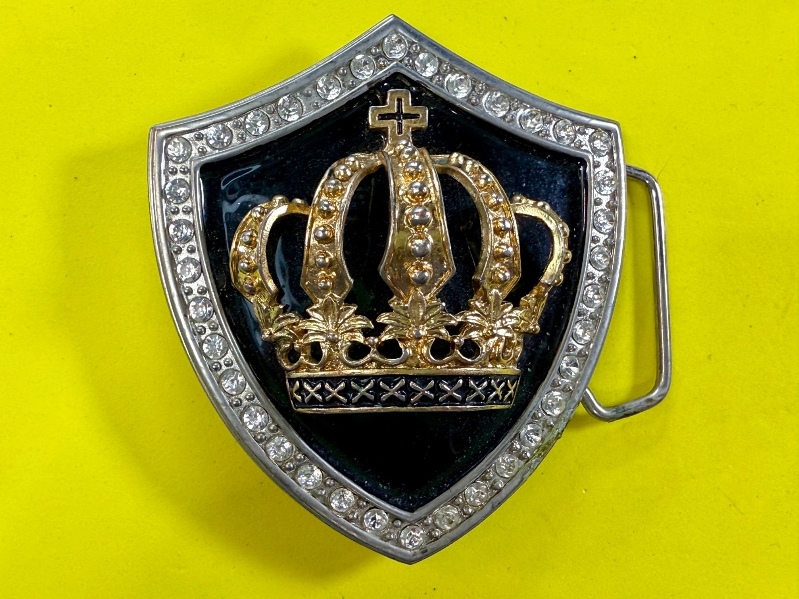 Royal Gold Crown Shield with Rhinestone Border Belt Buckle A286 Classico Italia
