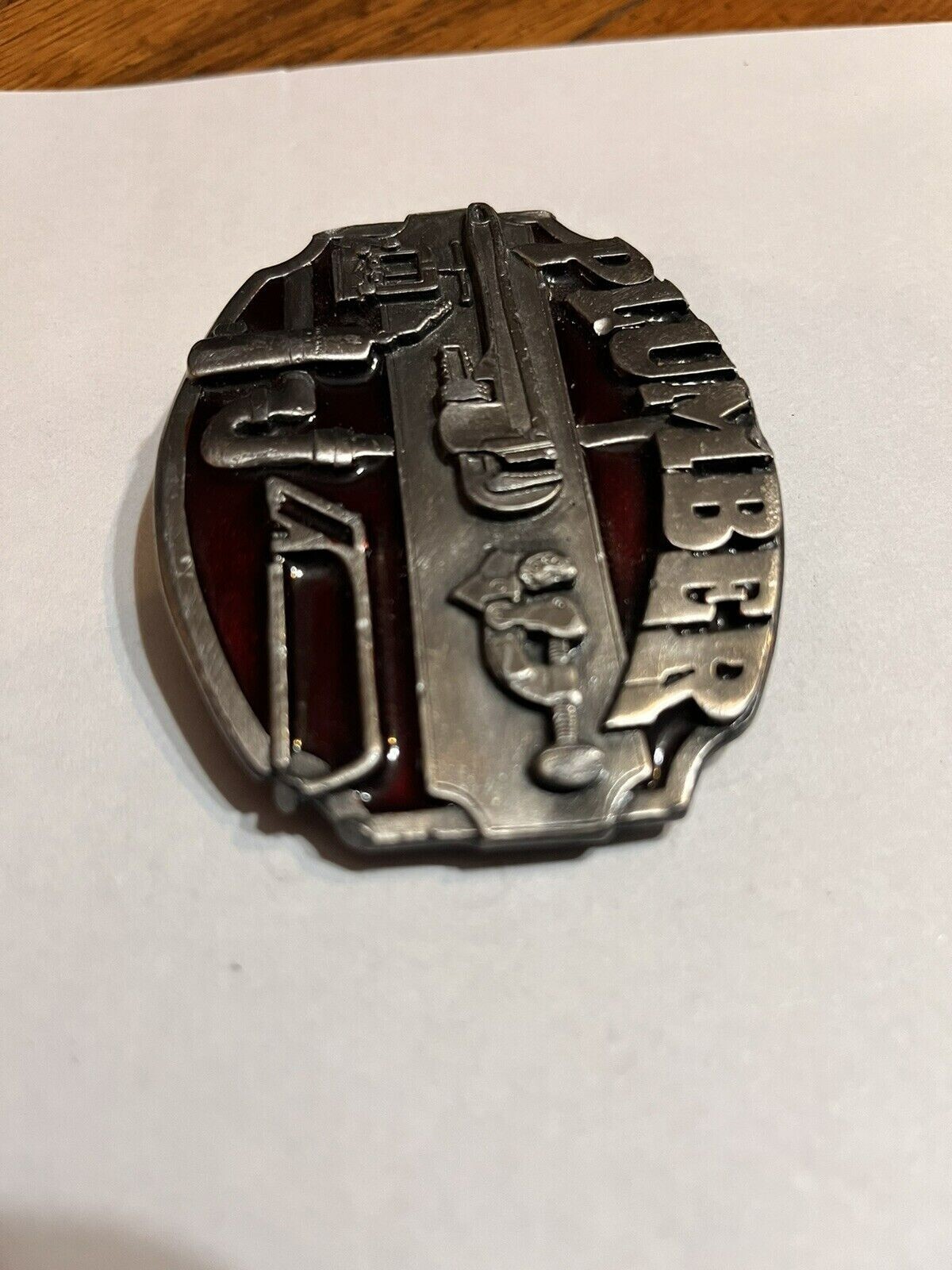 NICE PLUMBER BELT BUCKLE SOLID PEWTER WITH RED 1987 MADE IN USA SISKIYOU CO