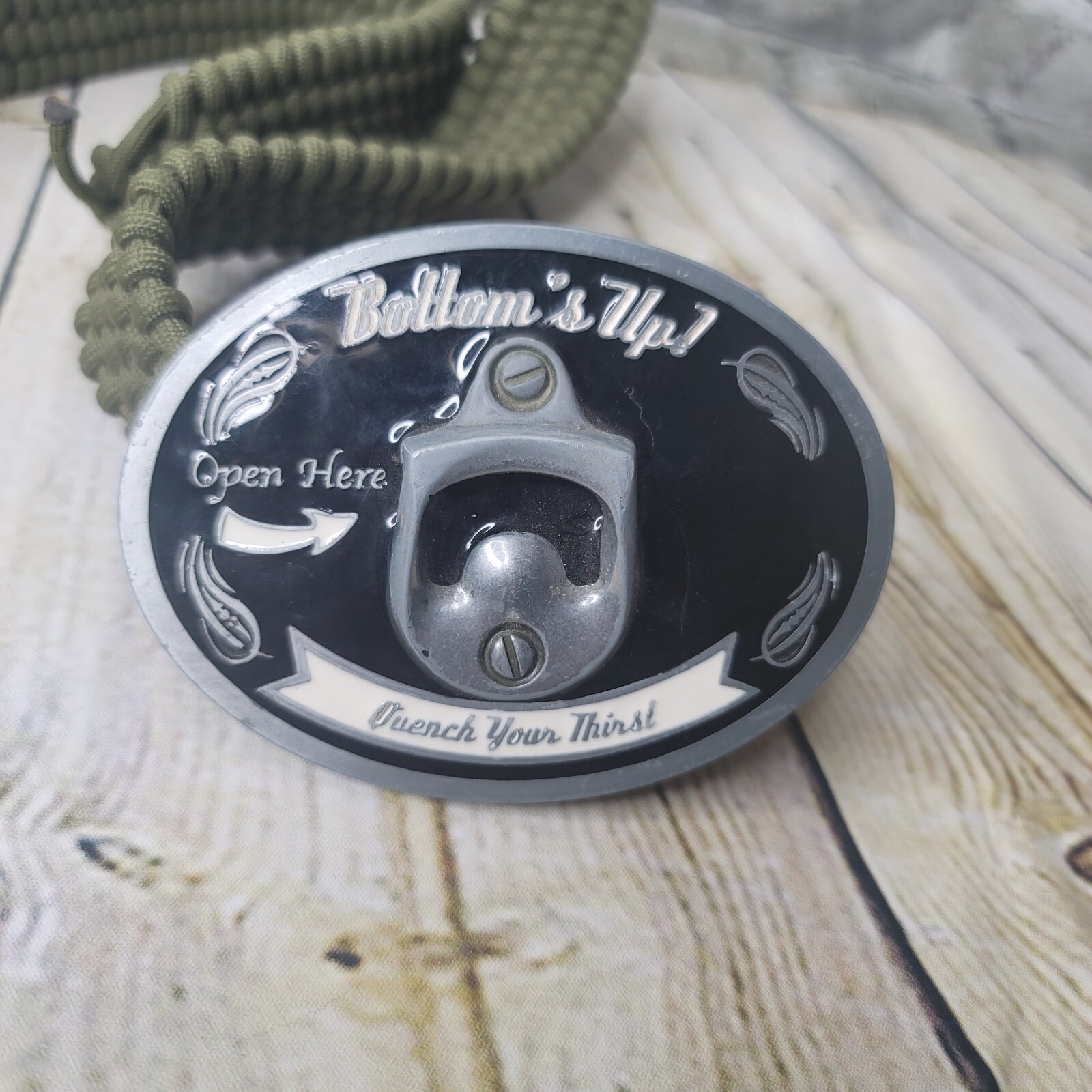 Bottoms Up Black White Belt Buckle and Bottle Opener Quench Your Thirst 44&Prime; Belt