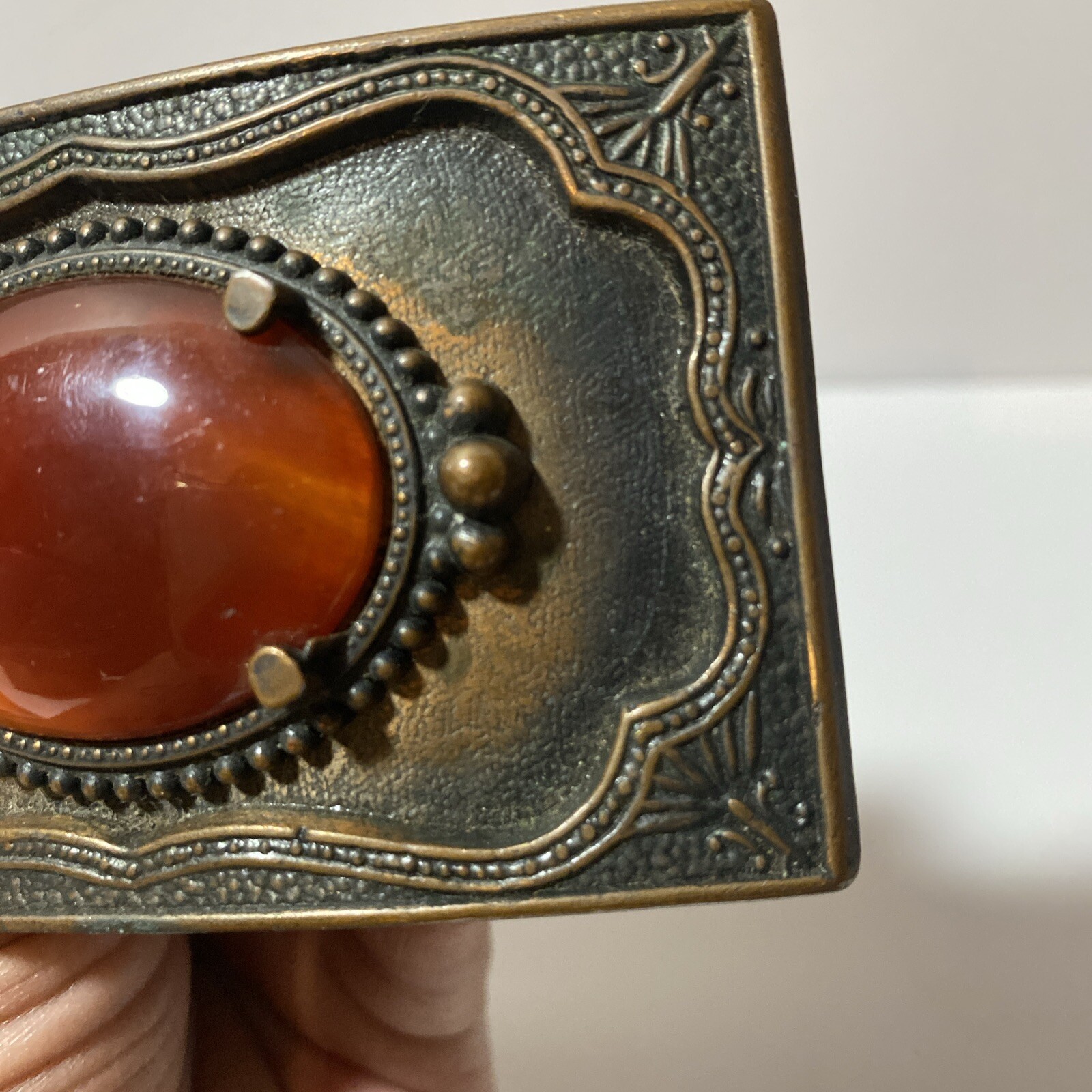 VTG Faux Gemstone Gold Stone Western Cowboy Buckle Copper Tone