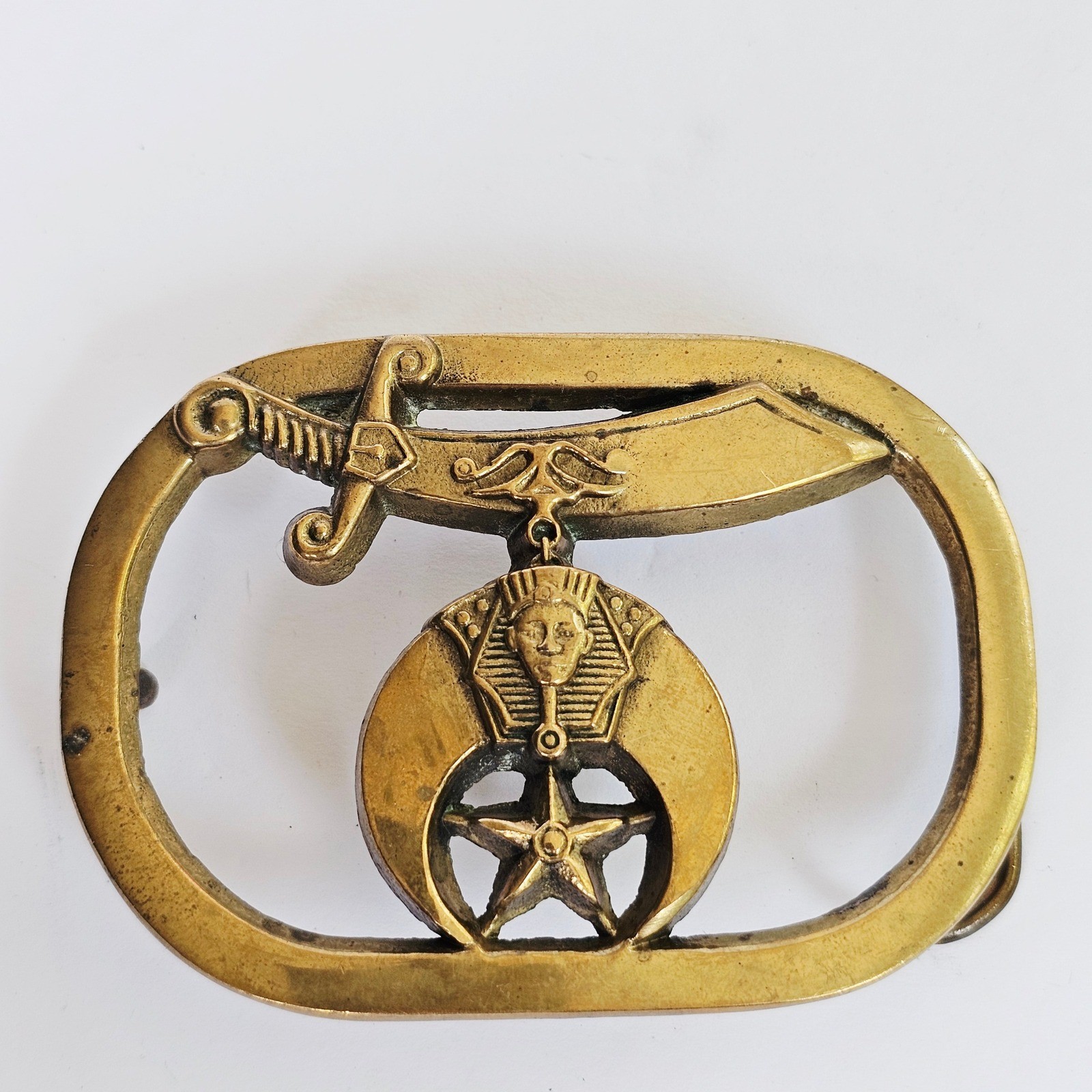 1980 Baron Shriners Masonic Belt Buckle Solid Brass Scimitar Pharaoh Star Vtg