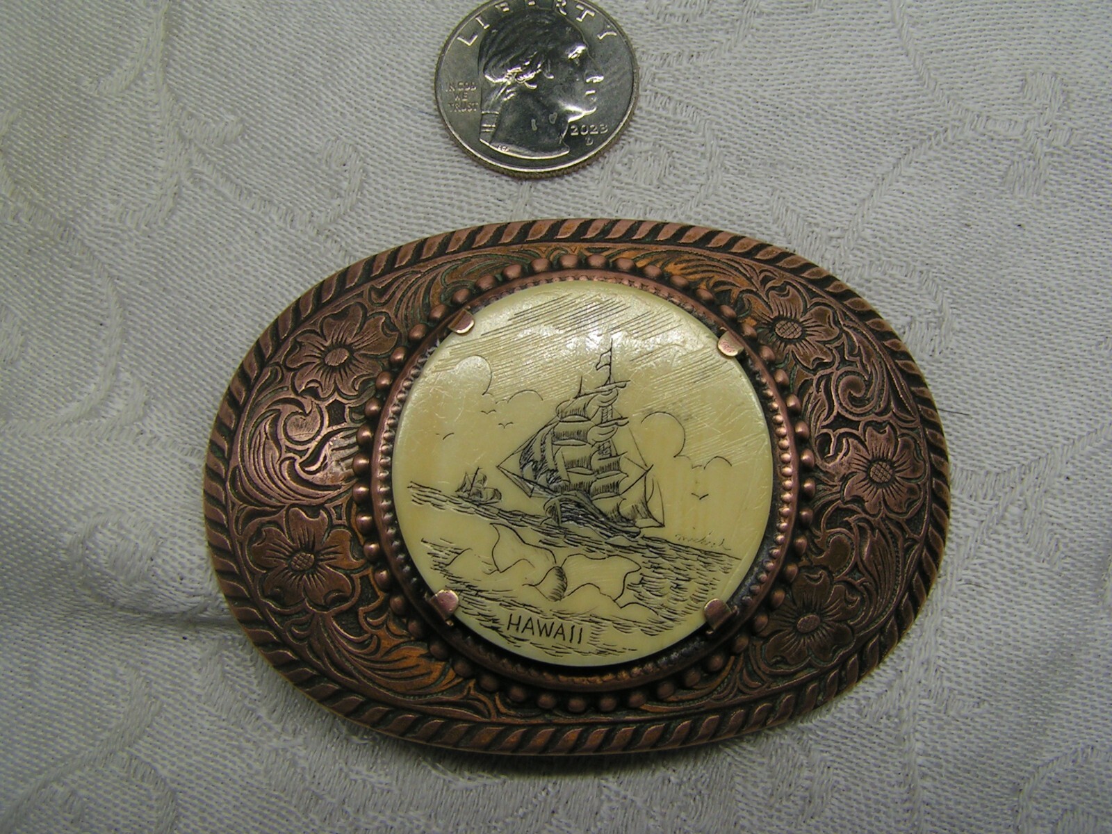 Clipper Ship Scrimshaw Belt Buckle Copper Hawaii