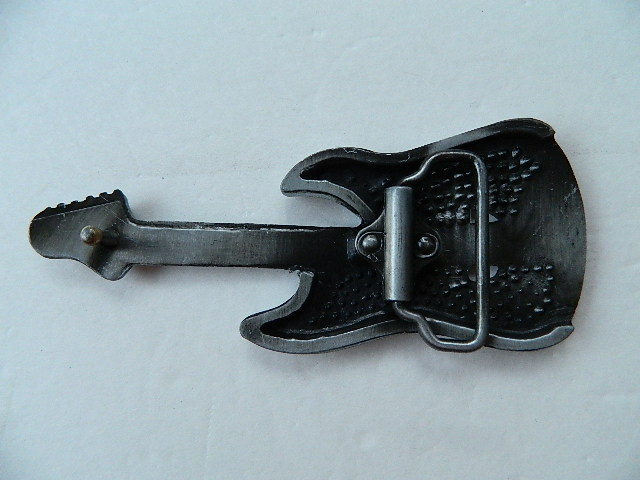 ELECTRIC GUITAR BELT BUCKLE ZINC ALLOY, PEWTER & FAUX DIAMOND, 5.5&Prime;, 3D SCULPTED