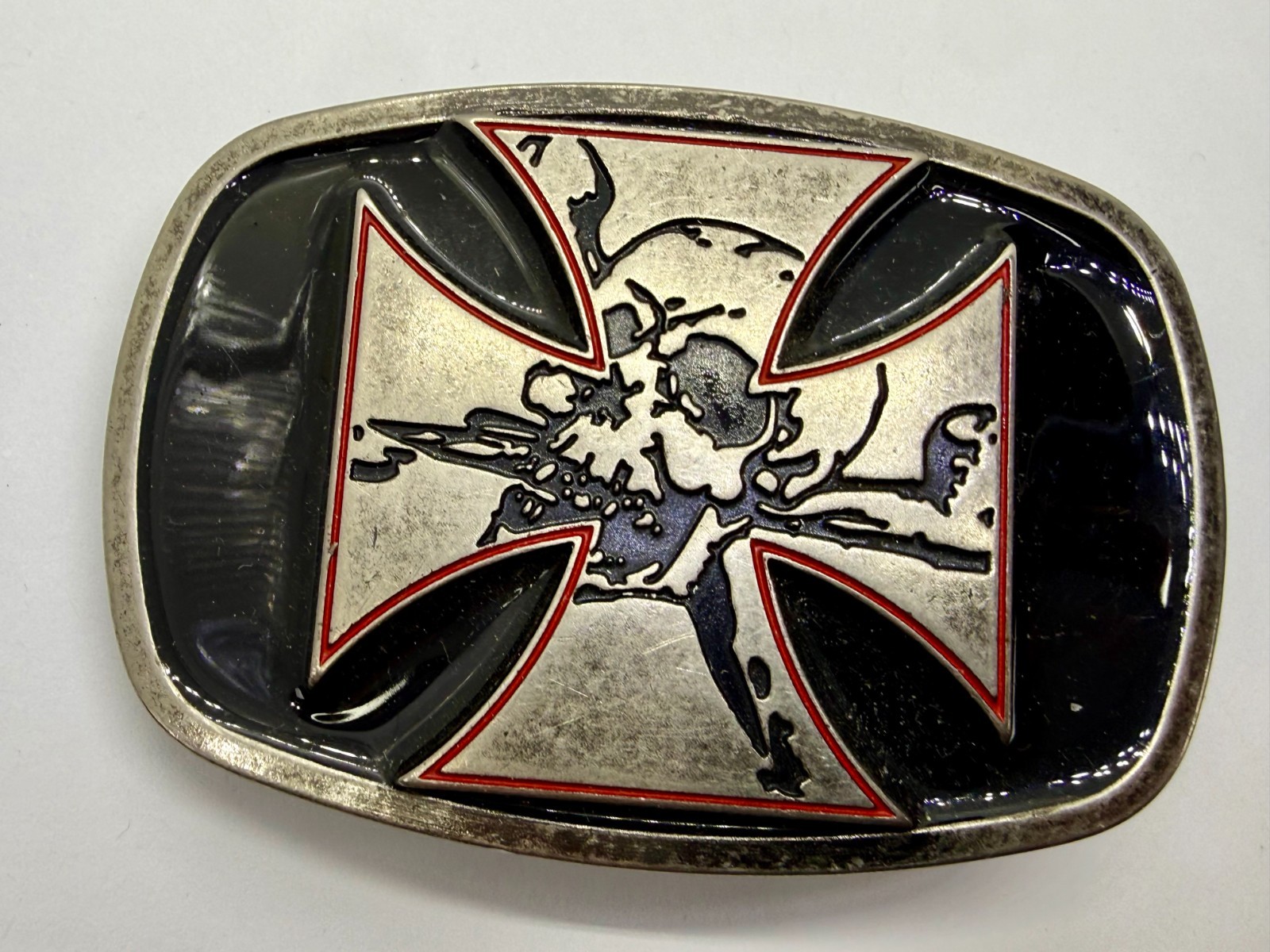 Maltese Iron Cross with Skull Cutout Black Enamel Gothic Punk Vibe Belt Buckle