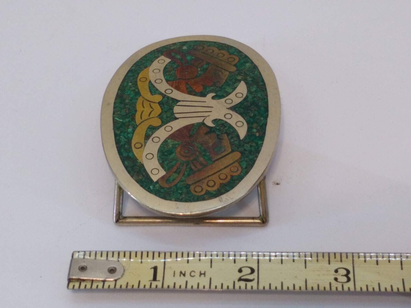 Aztec Mayan 2 God Head ~ BELT BUCKLE – Turquoise Silver Gold Mexico Vintage