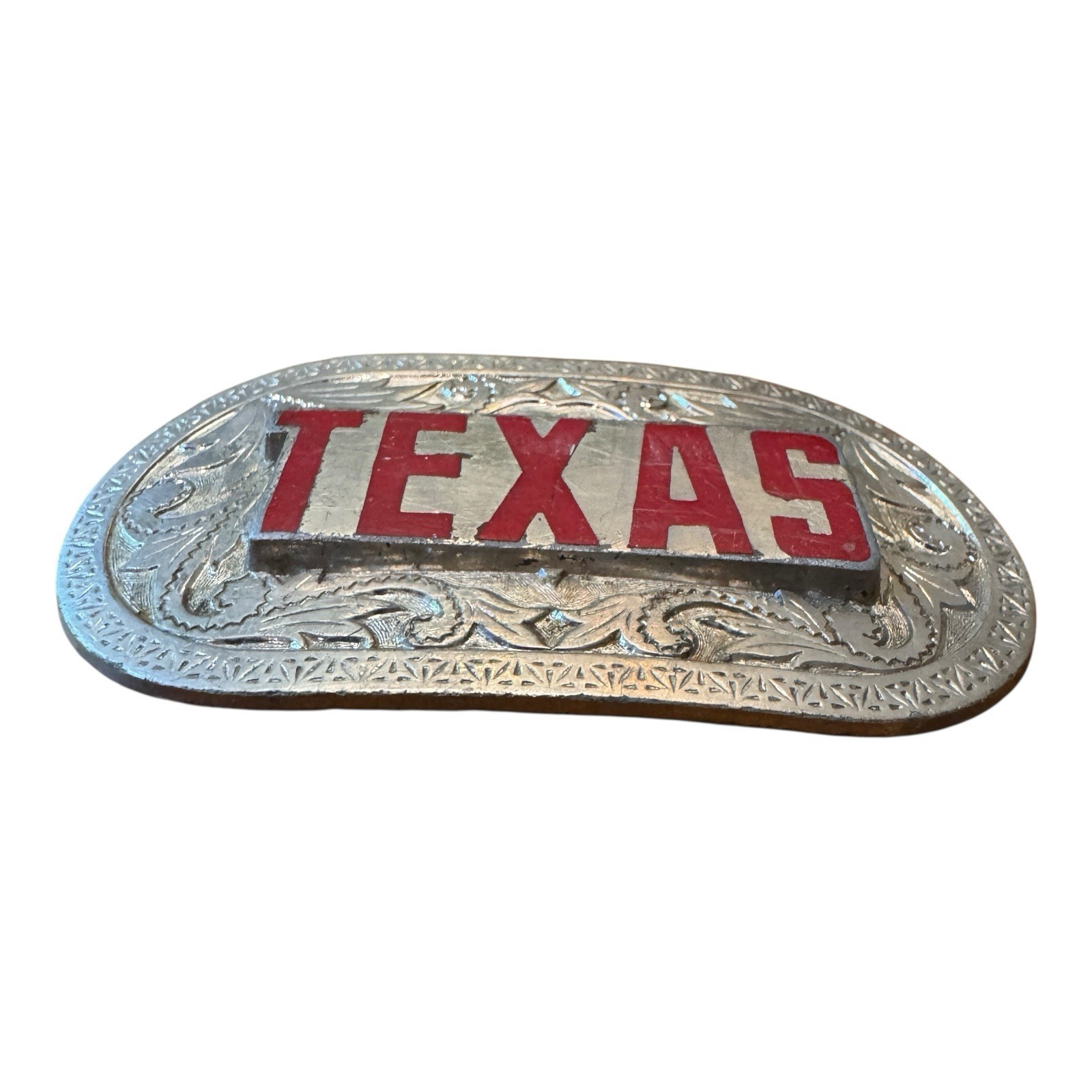 Vintage Texas State Western Cowboy Rodeo Belt Buckle Red Letter Silver Tone