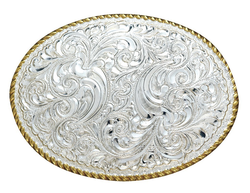 Crumrine Western Belt Buckle Oval Scroll Rope Edge Silver C01874