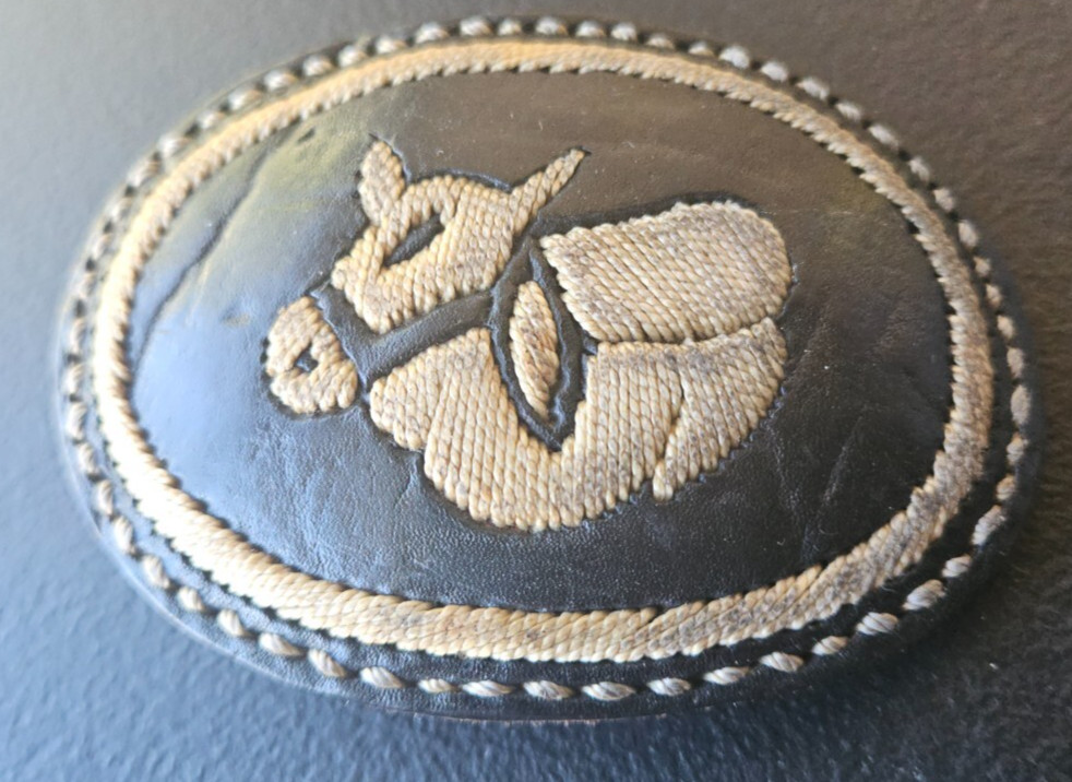 BULL IMAGE. GENUINE LEATHER . EBROIDERED BELT BUCKLE. WHITE ON DARK LEATHER