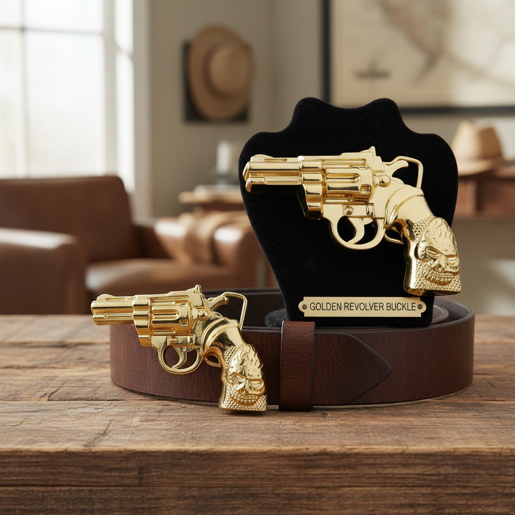 Men Belt Buckle Gold Metal Western Cowboy Pistol Revolver Gun Weapon Skull Head