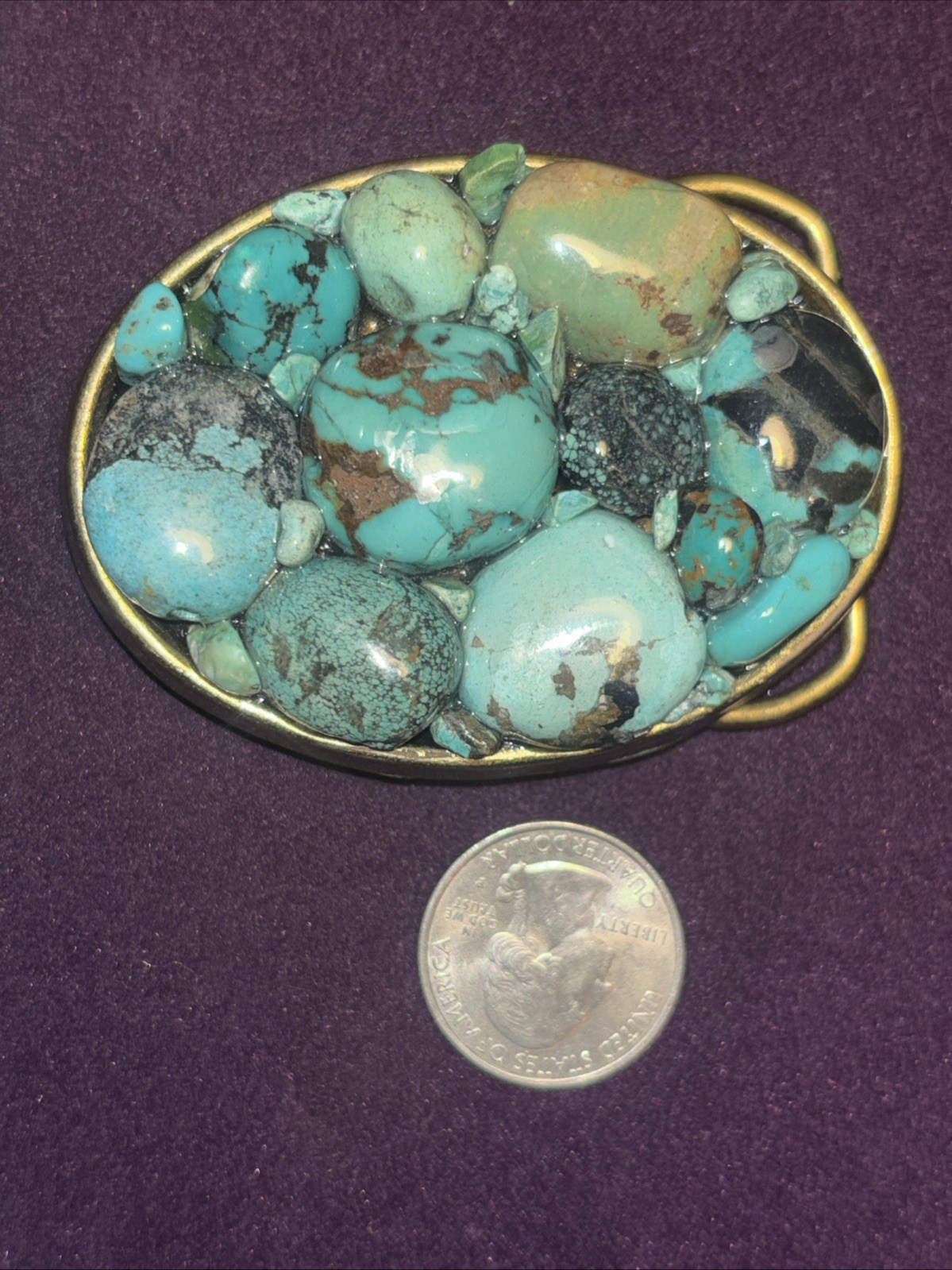 OA. « A.V. MAX NYC » Oval Brass Turquoises Stone Buckle Made in USA