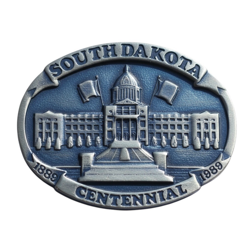 VTG South Dakota Centennial 1889–1989 Belt Buckle Brass Patina State Capitol LMT