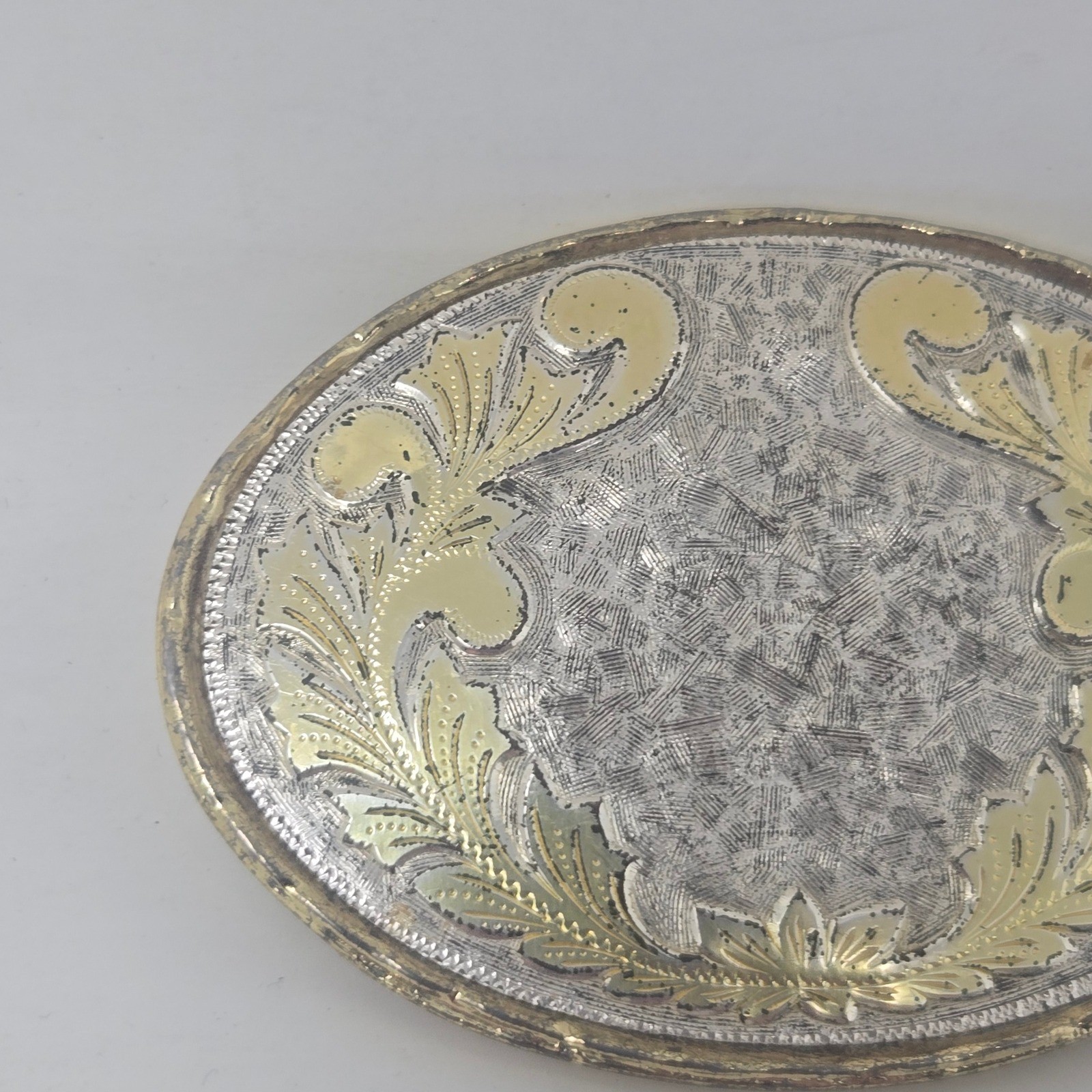 Vintage Western Belt Buckle Silver Gold Tone Floral Filigree Engraved Oval USA