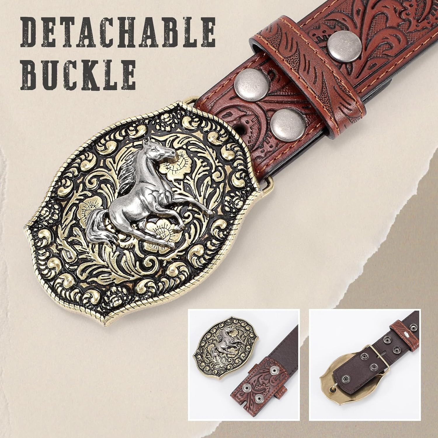 Cowboy Belts for Men Women Western Buckle Belt Cowboy Cowgirl Embossed Leather B