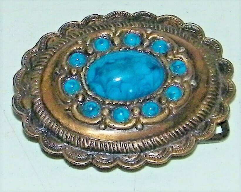 Vintage Brass Pressed Southeast -West Turquoise Belt Buckle Cooper Color EC