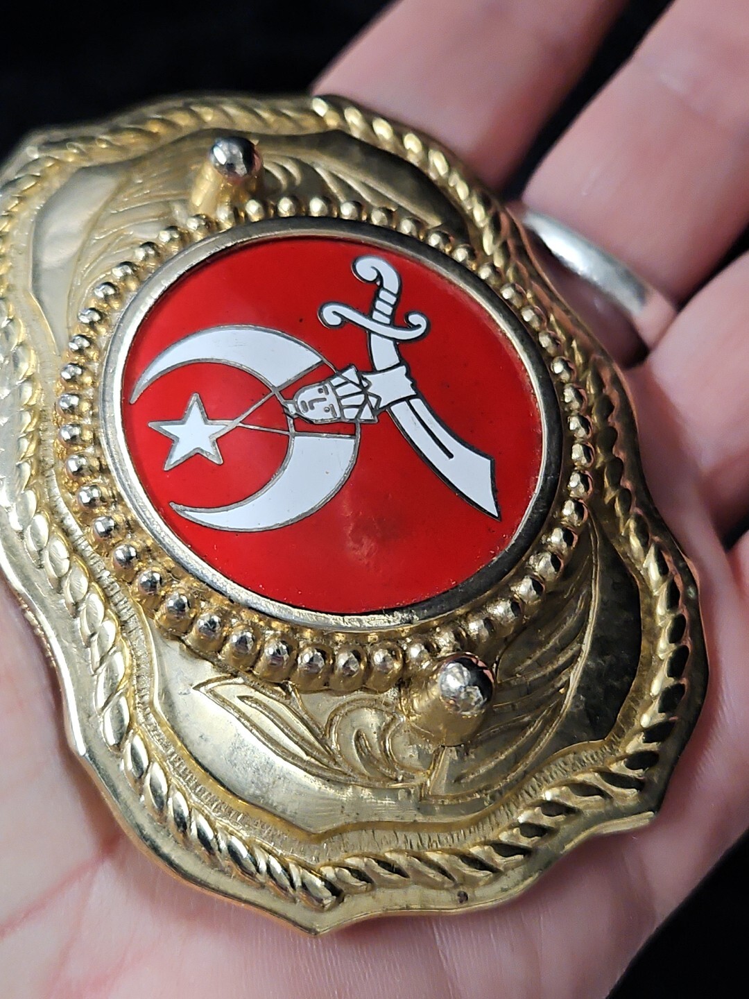 SHRINER Vintage GoldTone Red/White Star Sword Belt Buckle