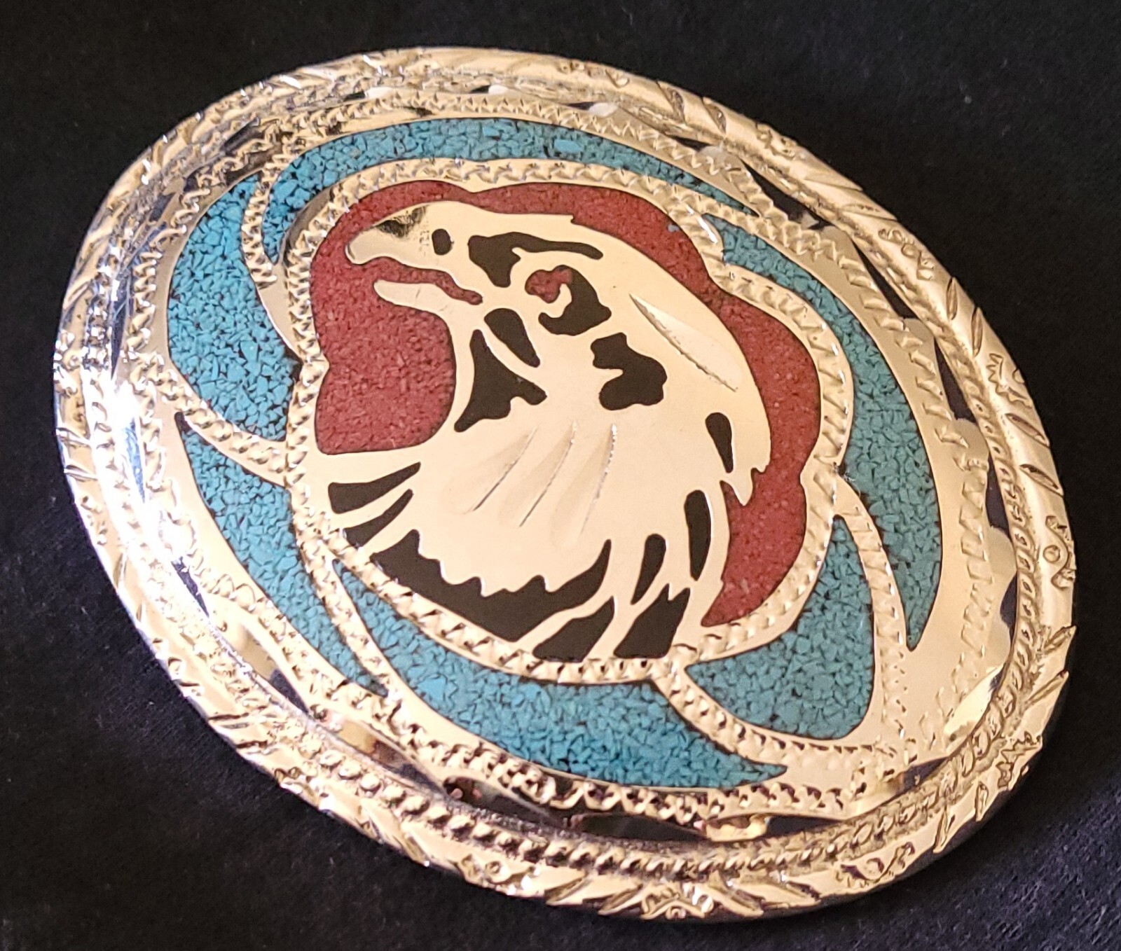 VINTAGE AMERICAN EAGLE BELT BUCKLE WITH TURQUOISE, CORAL & JET MOSAIC INLAY