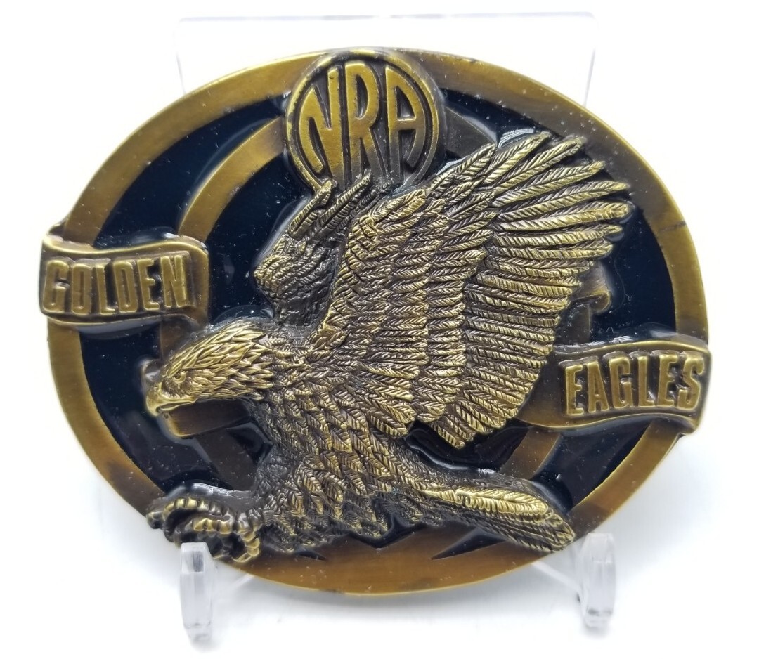 NRA Golden Eagles Brass Black Enamel Belt Buckle in Original Box
