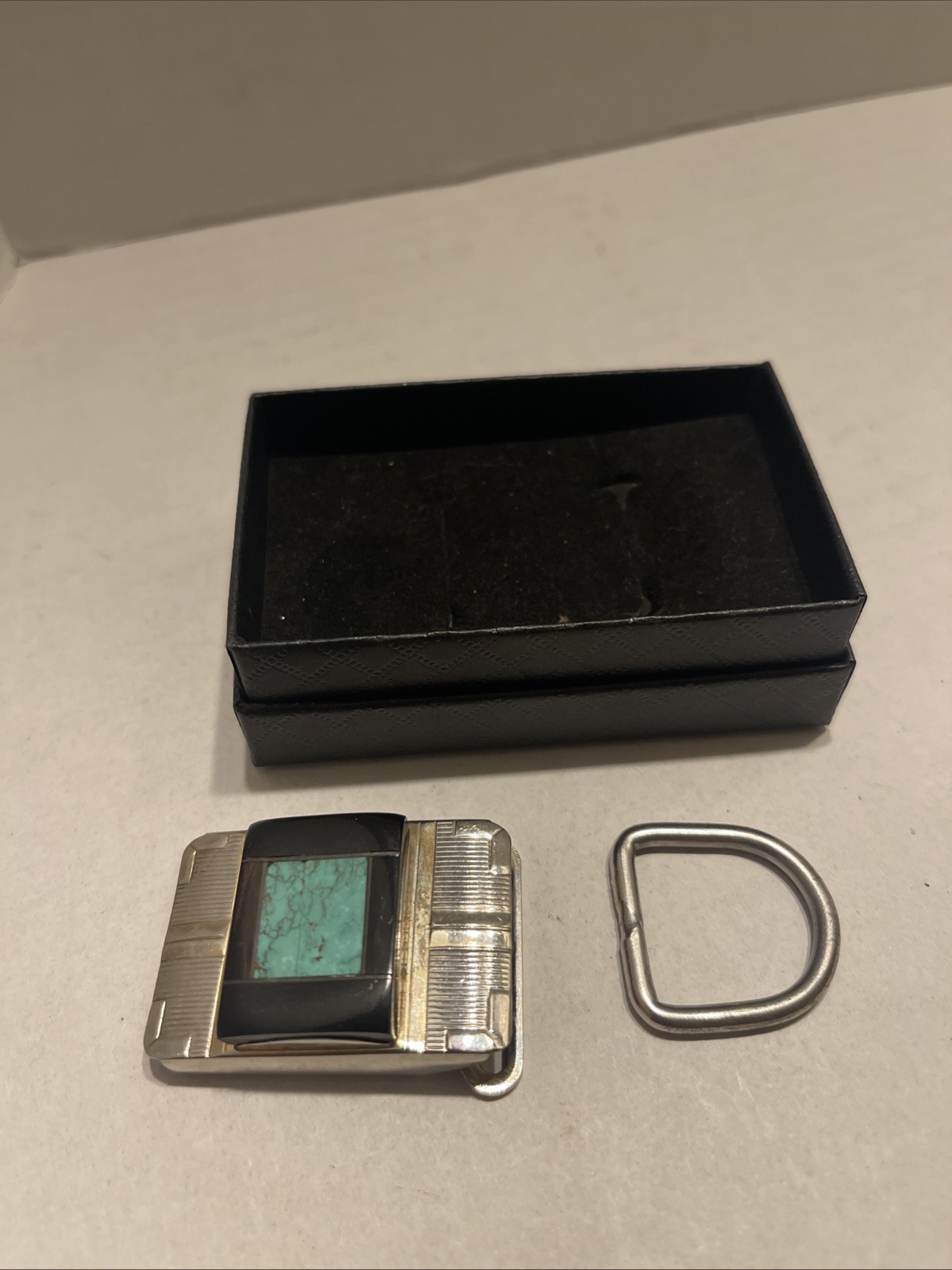 Vtg Turquoise Stone Rectangle Solid Brass Metal Belt Buckle