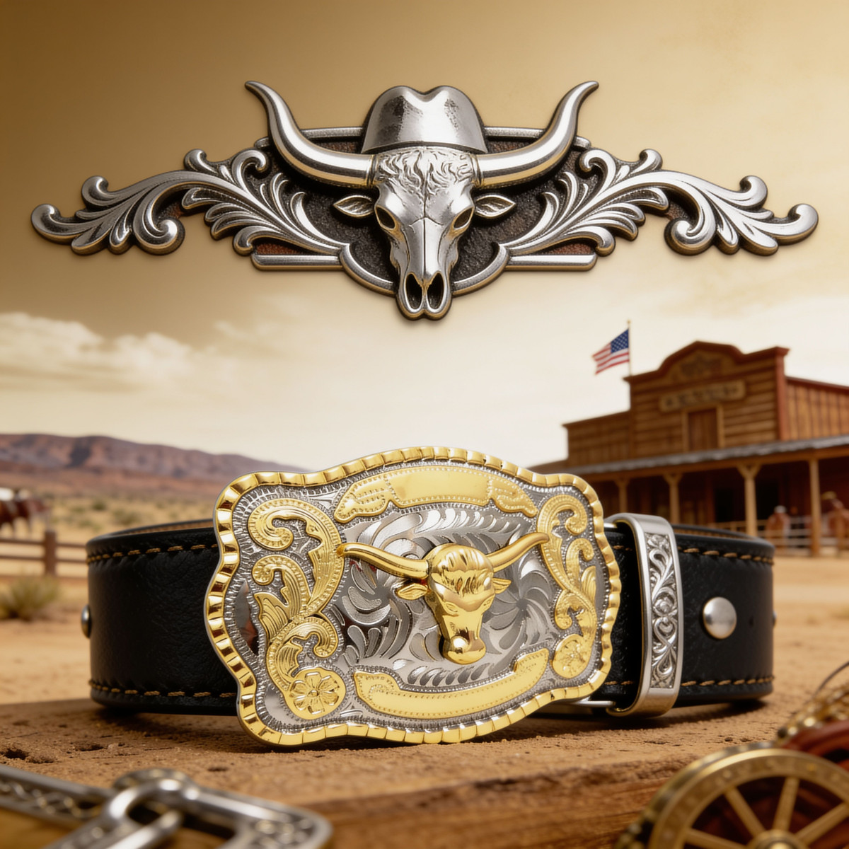 Western Cowboy Belt Buckle Longhorn Bull Silver Gold Tone Rodeo Fits 1-1/2&Prime; Belt