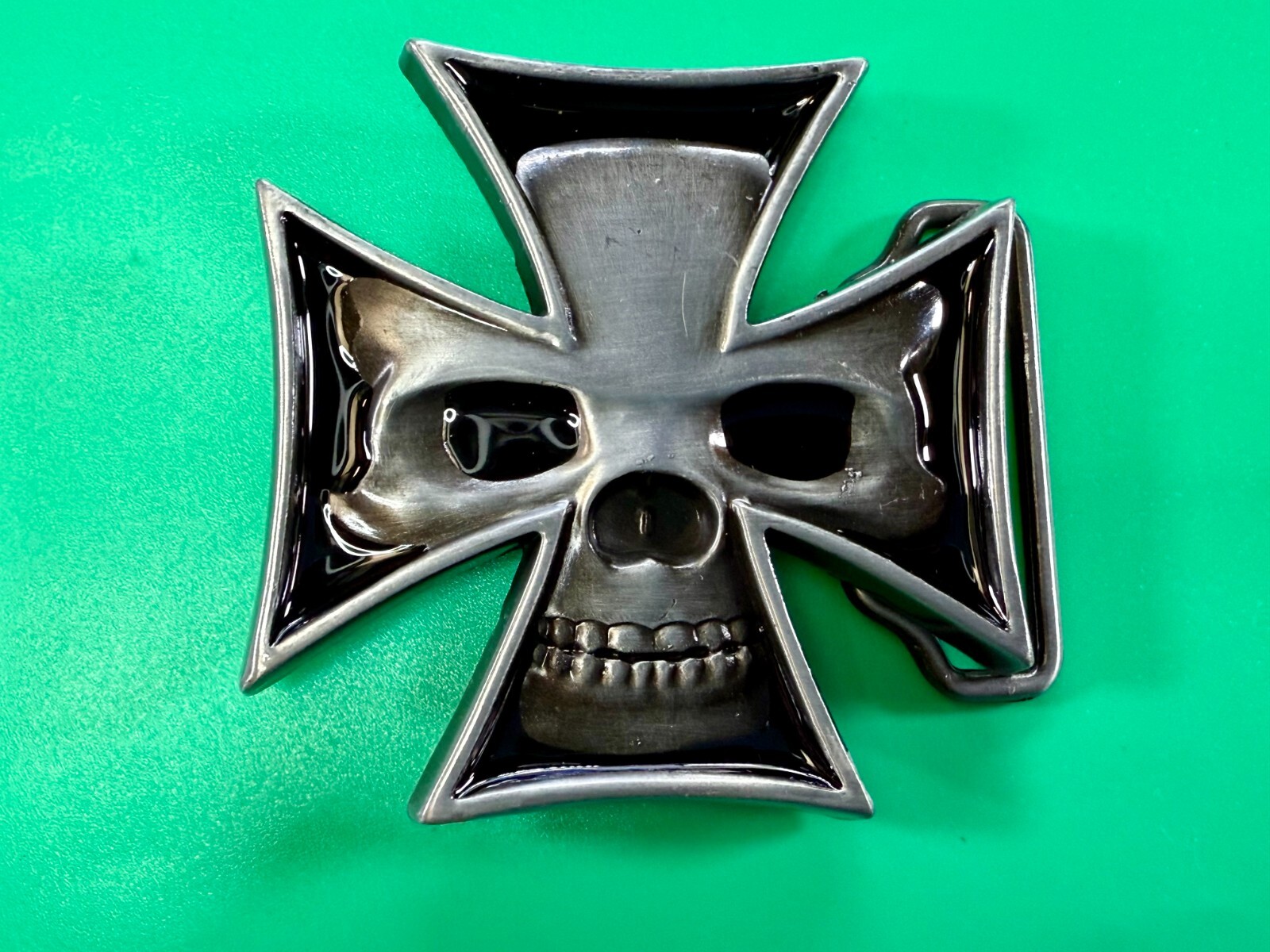 Maltese Iron Cross with Skull Reflective Cutout Gothic Punk Vibe Belt Buckle