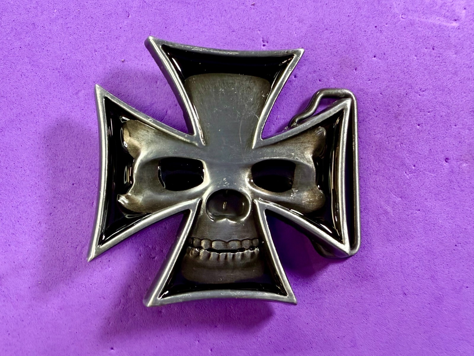 Maltese Iron Cross with Skull Reflective Cutout Gothic Punk Vibe Belt Buckle