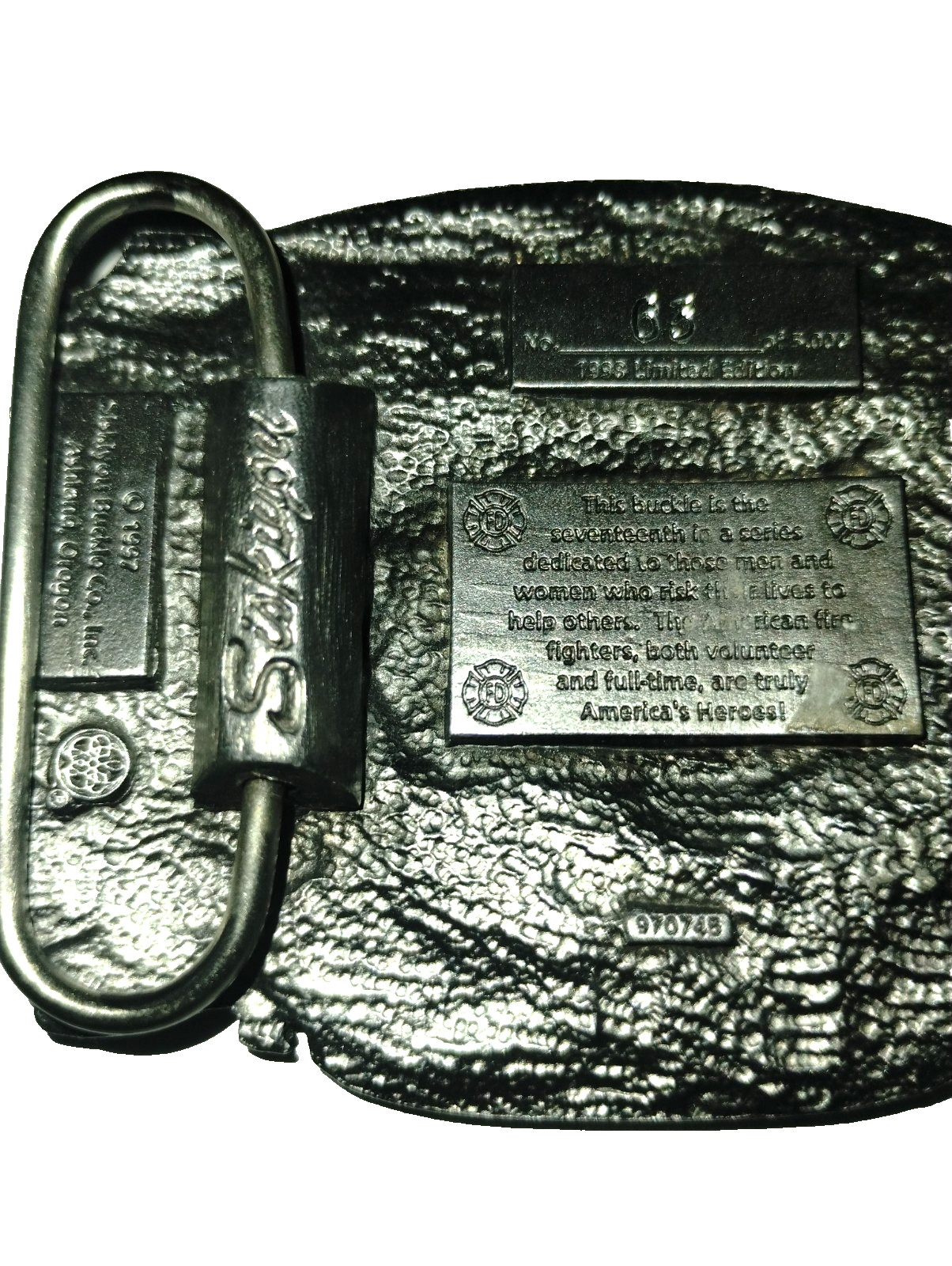 Firefighter Belt Buckle Pewter Siskiyou 1998-63/5000 Low Rare # Commemorative