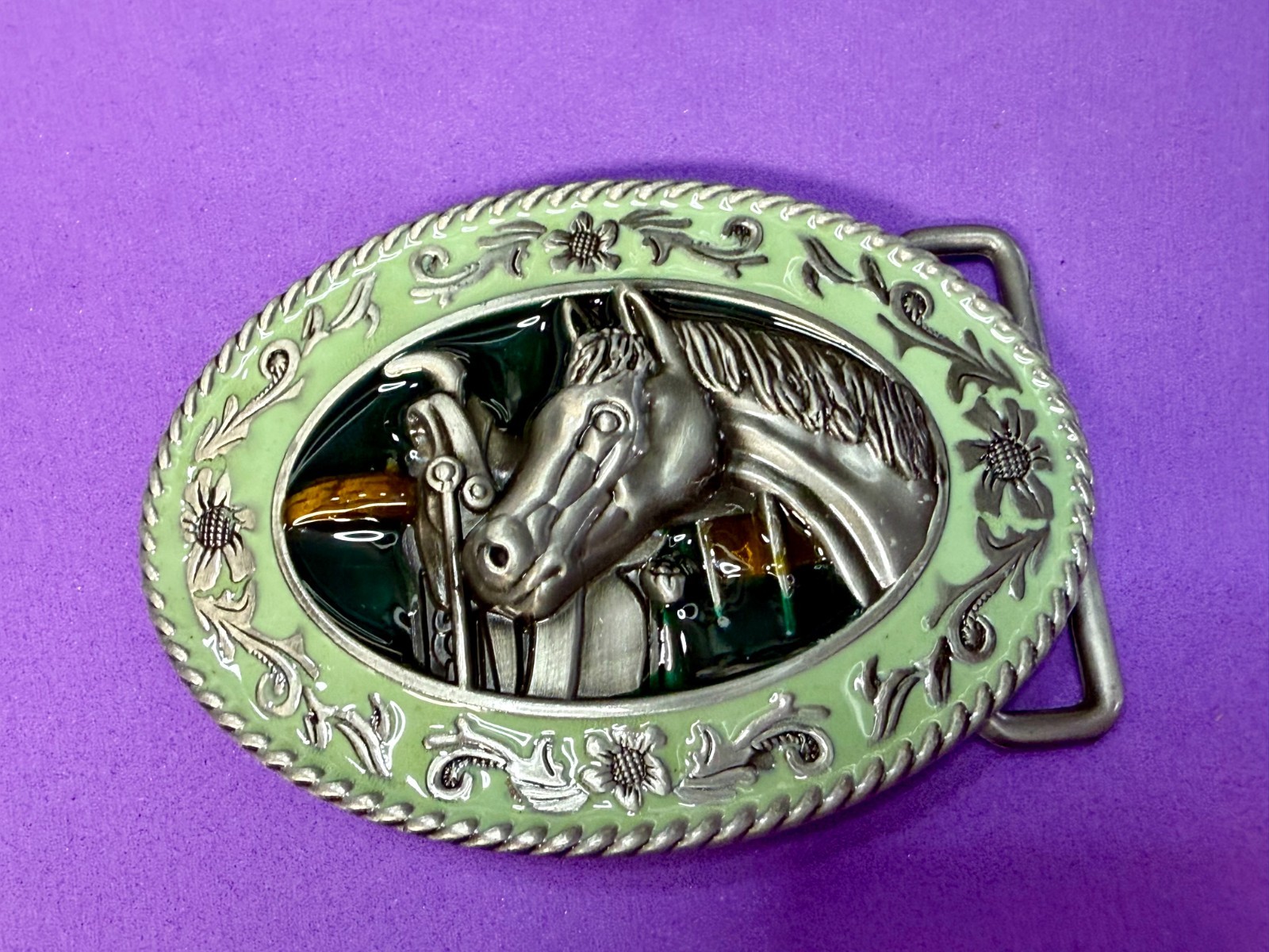 Horse Head and Saddle Enamel Rodeo Cowboys Cowgirls Dimensional Belt Buckle