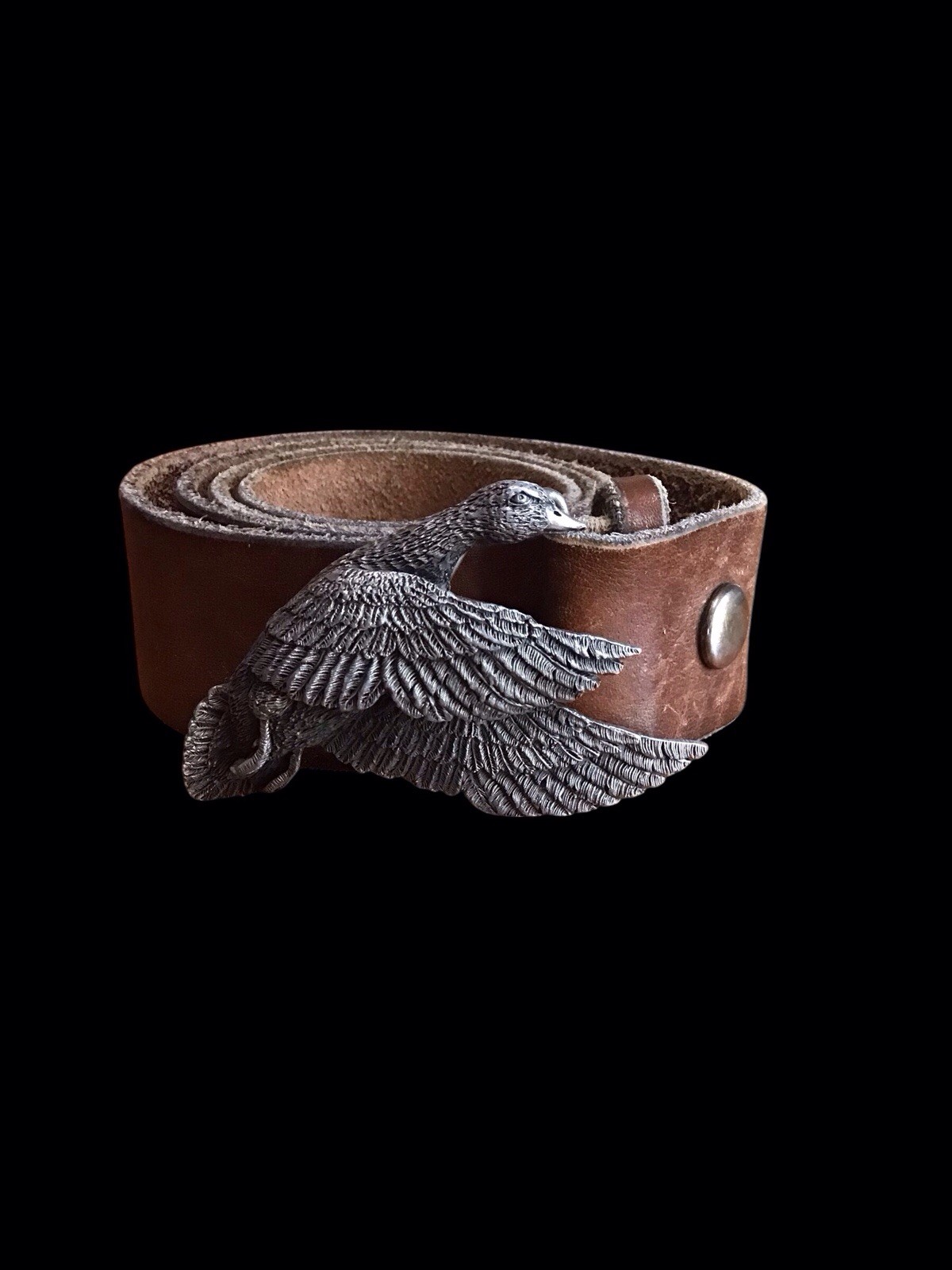 Vintage INDIANA METAL CRAFT Brass Belt Buckle Flying Duck ©1979 And Leather Belt