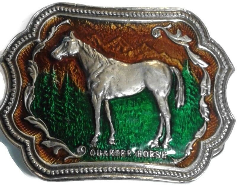 Vintage Pewter Quarter Horse Belt Buckle Green Brown Scenic Design Enameled