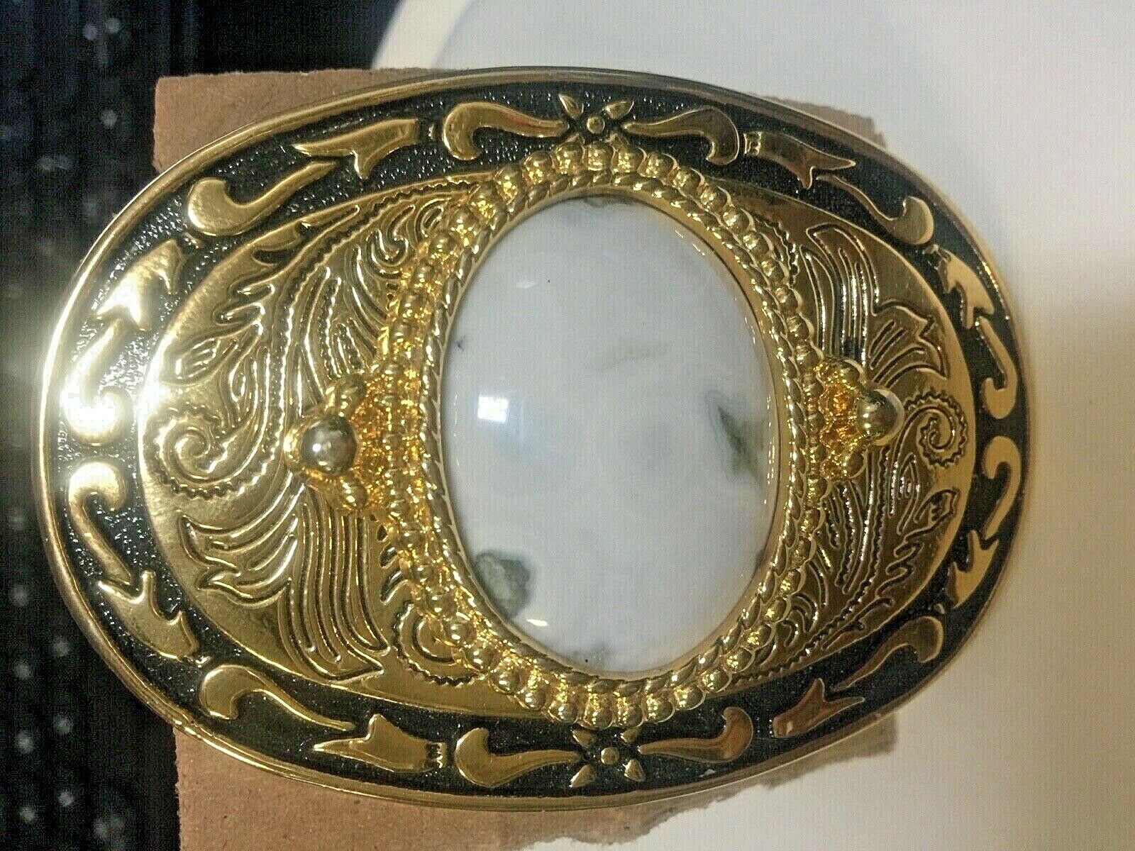 Gold Tone Plated Brass with Jasper Belt Buckle 3 1/2 x 2 7/16 inches Loop 1 7/8&Prime;