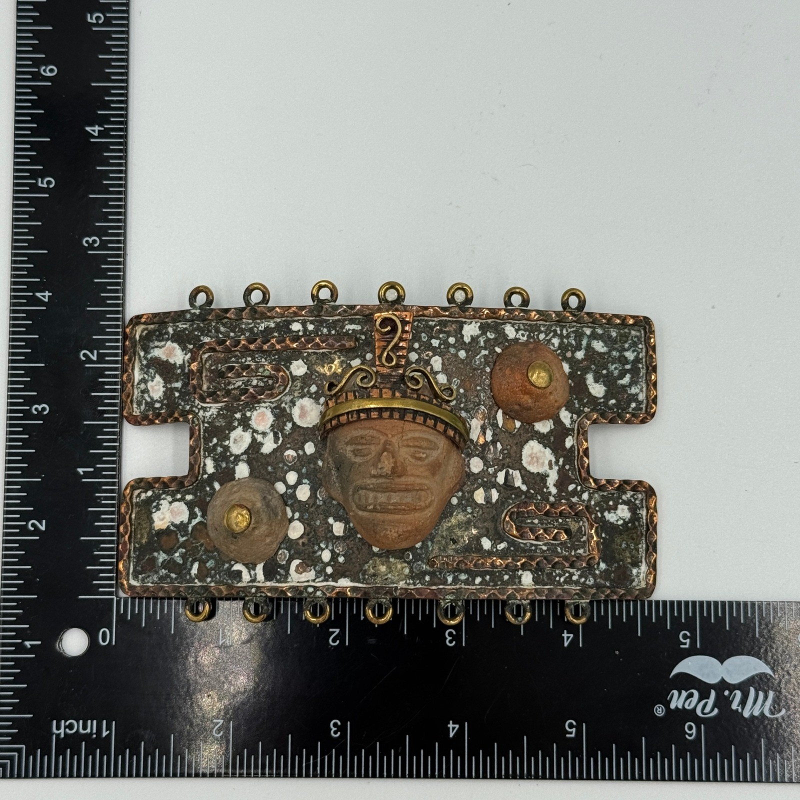 Vintage Maya Mexico Brutalist Mixed Metal Belt Buckle Clay Mask Enamel Folk Art