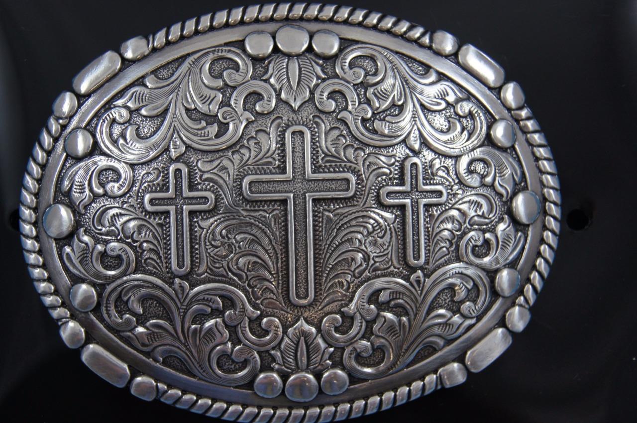 Nocona Western silver tone Belt Buckle Oval Rope Edge 3 Cross Scrolling 37980