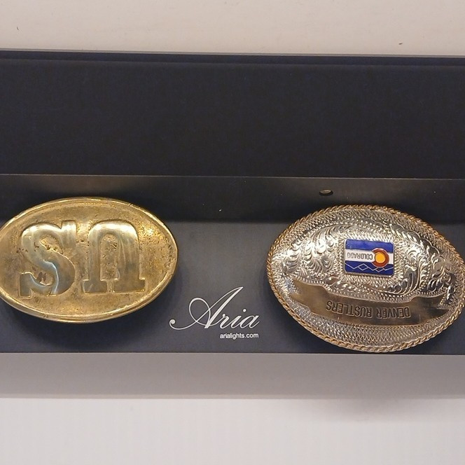 Lot of 2 Oval Western Belt Buckles Denver Rustlers Colorado Flag & US