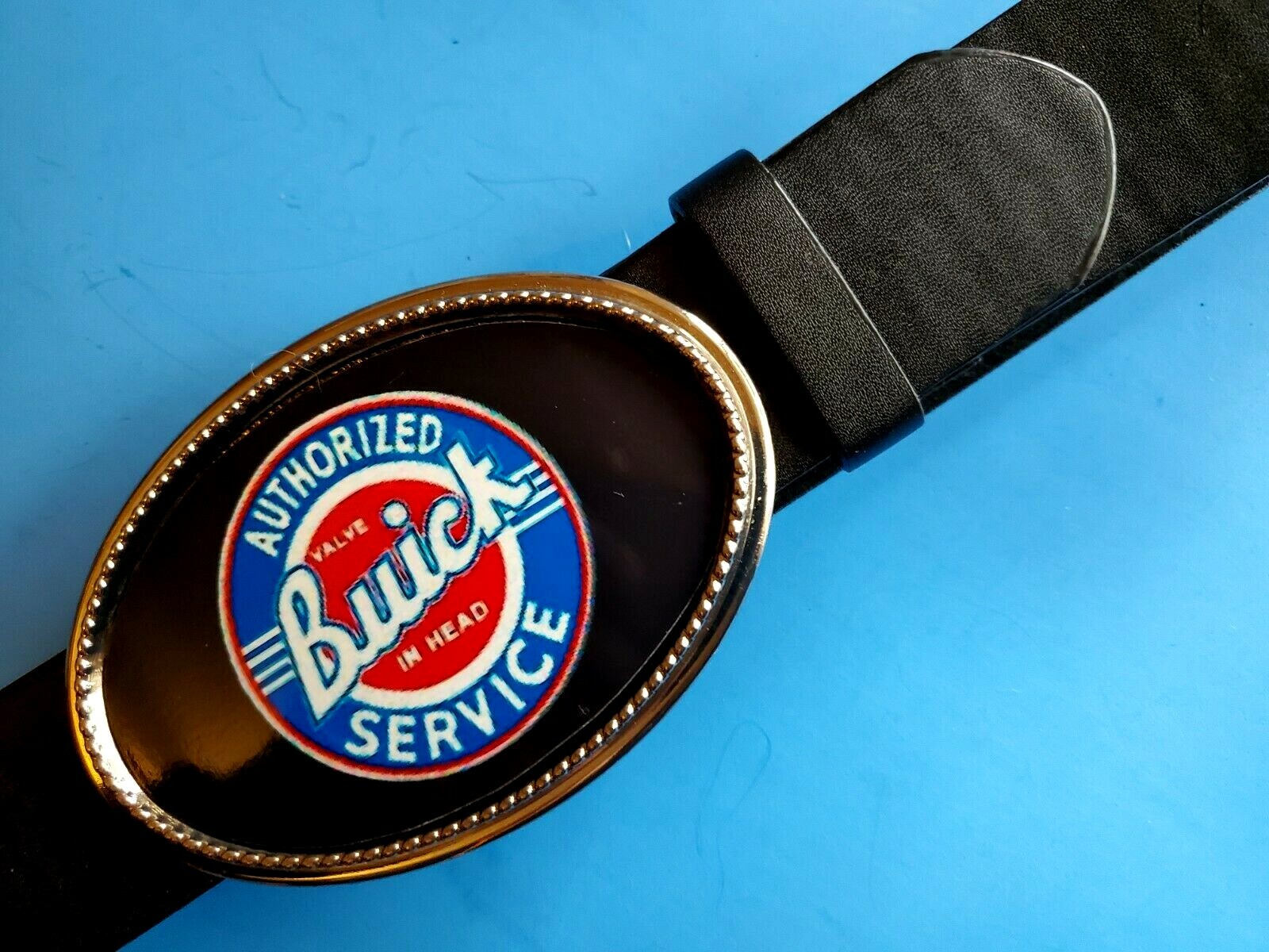 BUICK Vintage Service Sign Epoxy Buckle VTG Sign Epoxy Photo Buckle & Black Belt