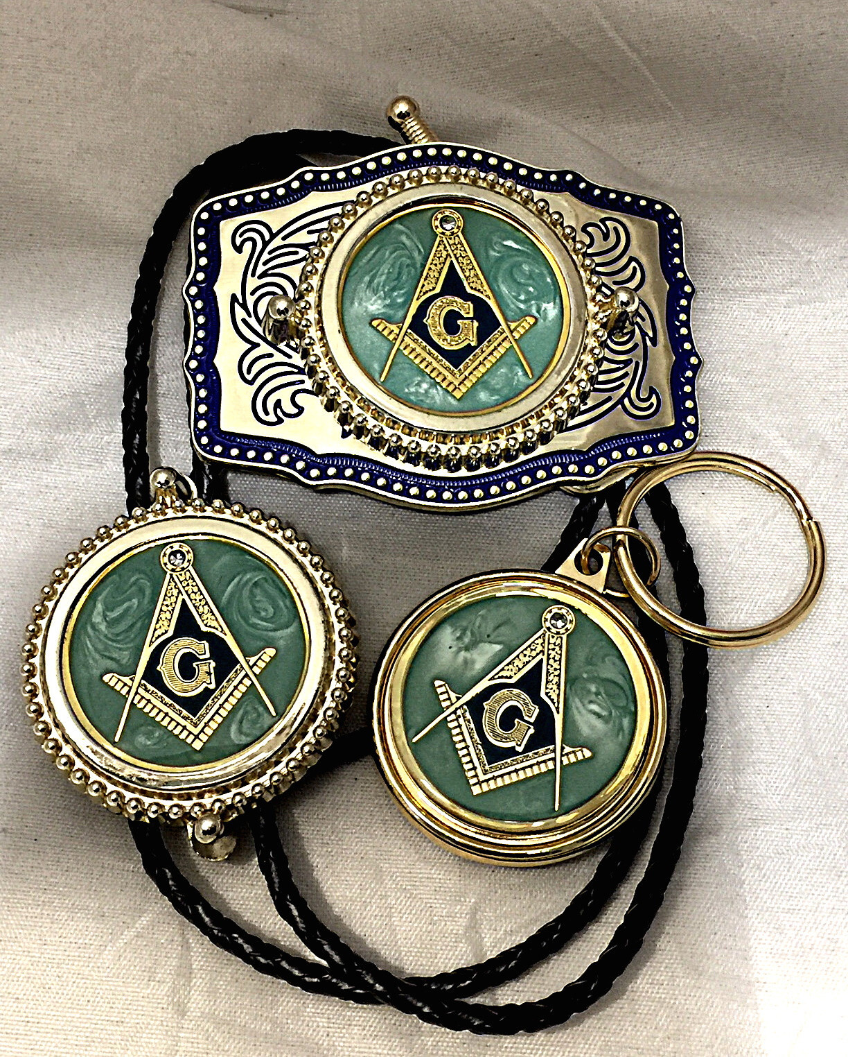 Masonic 3 piece set, belt buckle, bolo and money clip