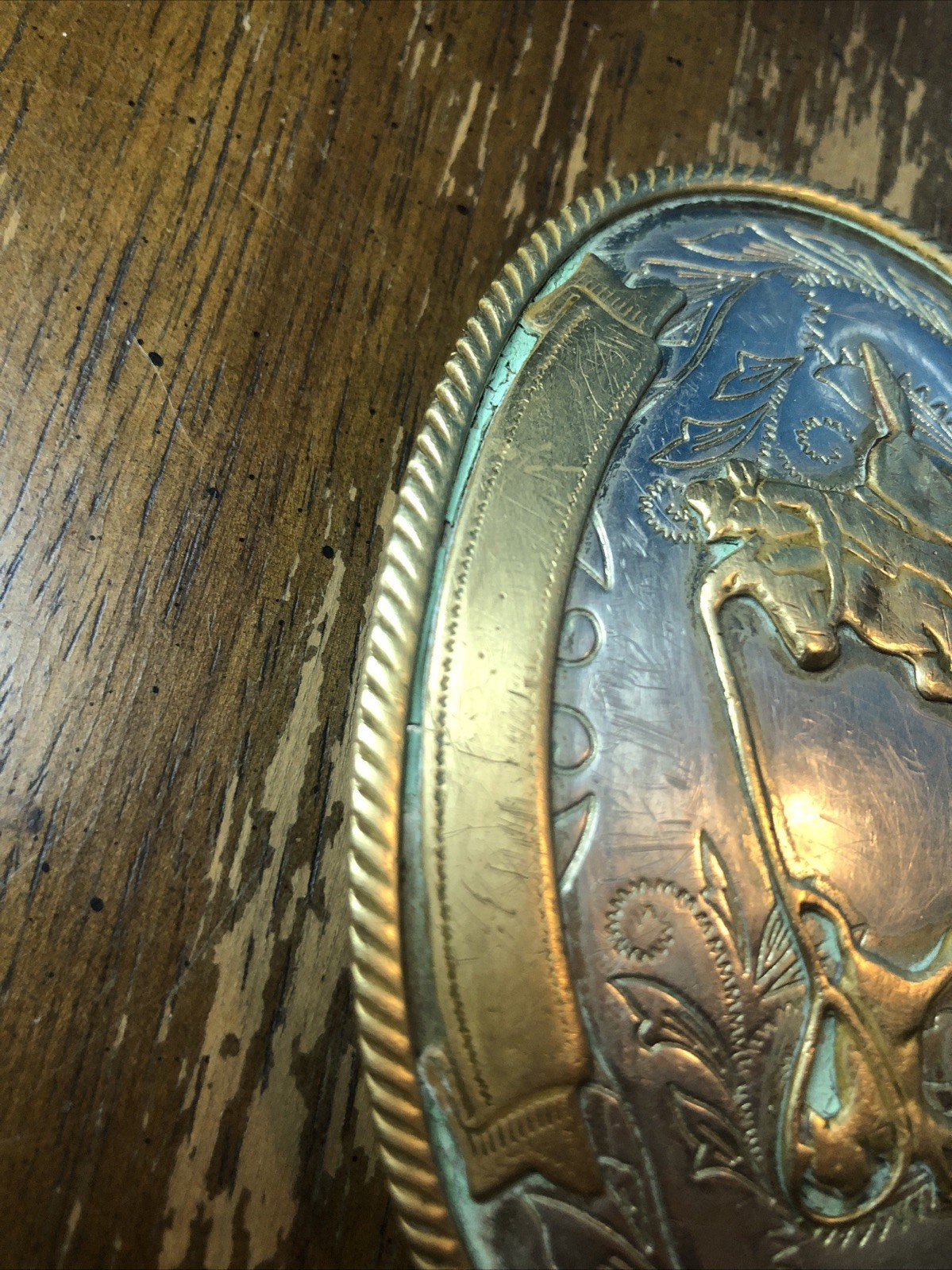 Vintage German Nickel Silver Calf Roping Rodeo Belt Buckle w/ Blank Ribbons
