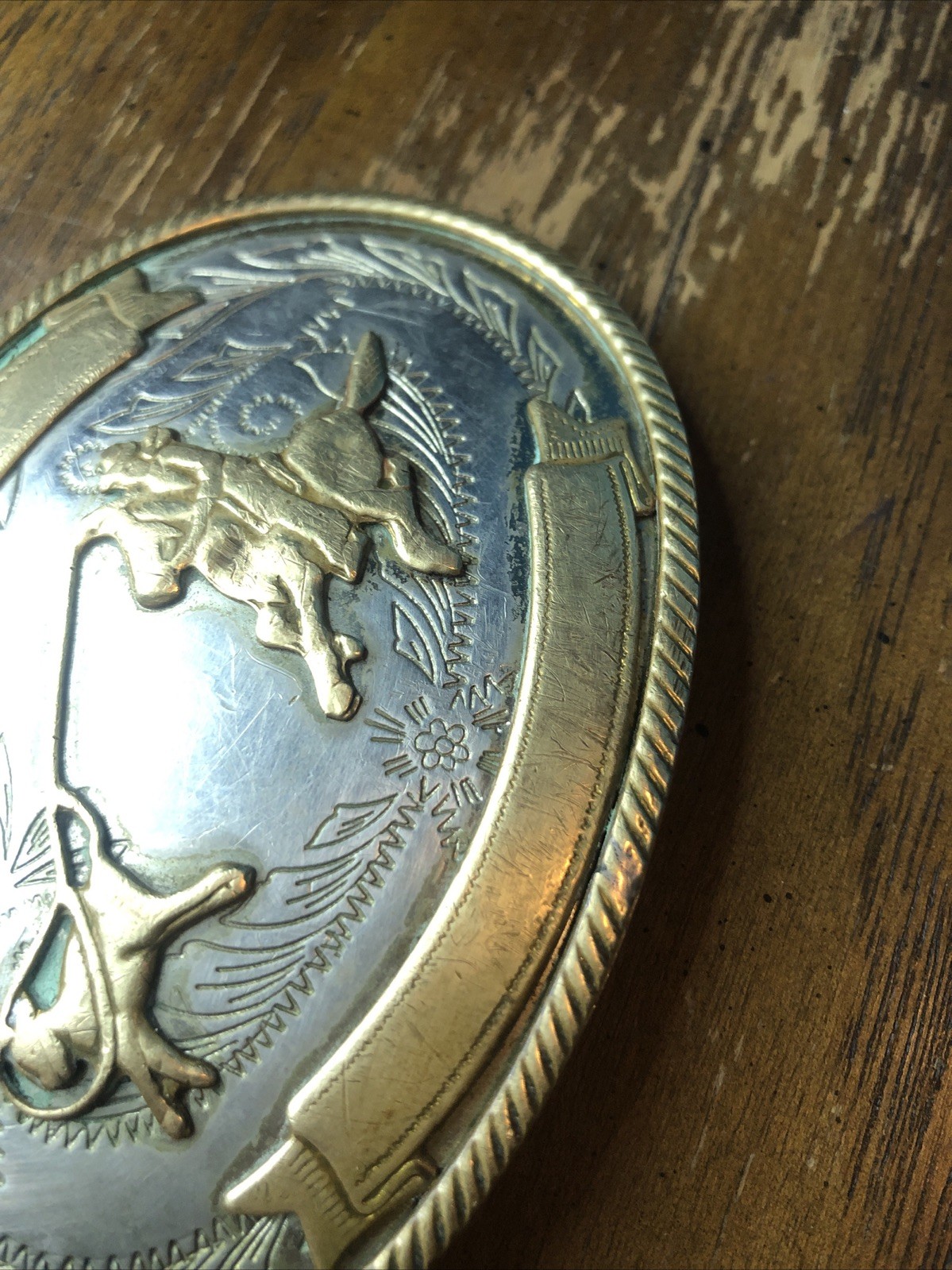 Vintage German Nickel Silver Calf Roping Rodeo Belt Buckle w/ Blank Ribbons