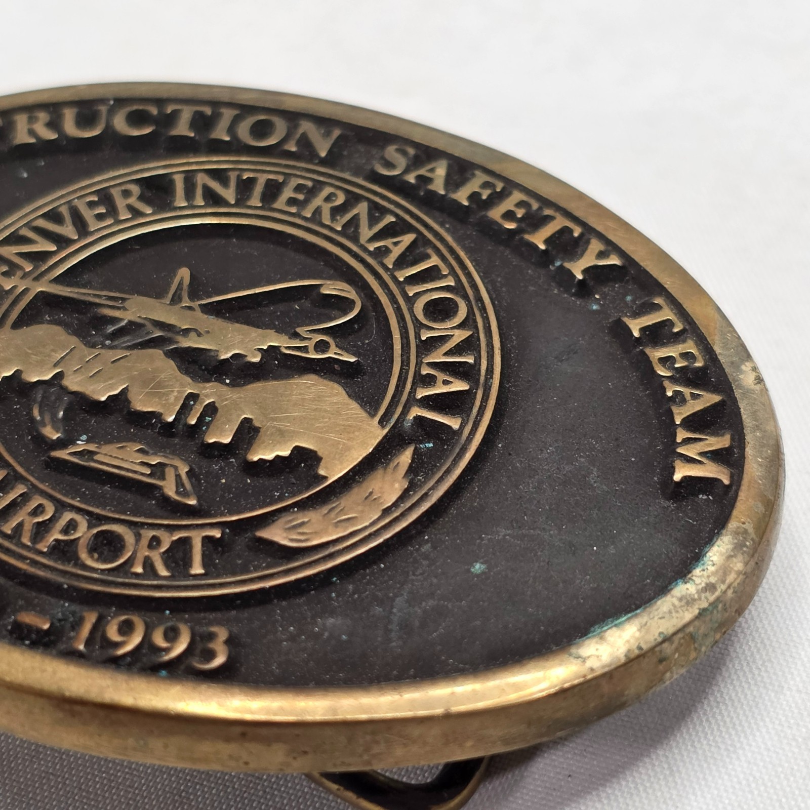 Vintage DIA Denver Airport Construction Safety Belt Buckle Anacortes Brass 1992