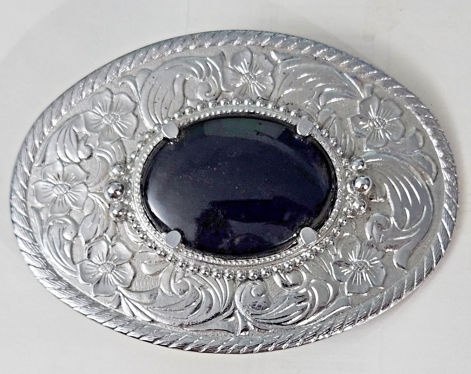 AWESOME Ornate Vintage Silver Buckle with Black Onyx Gem Floral Engraved Retro