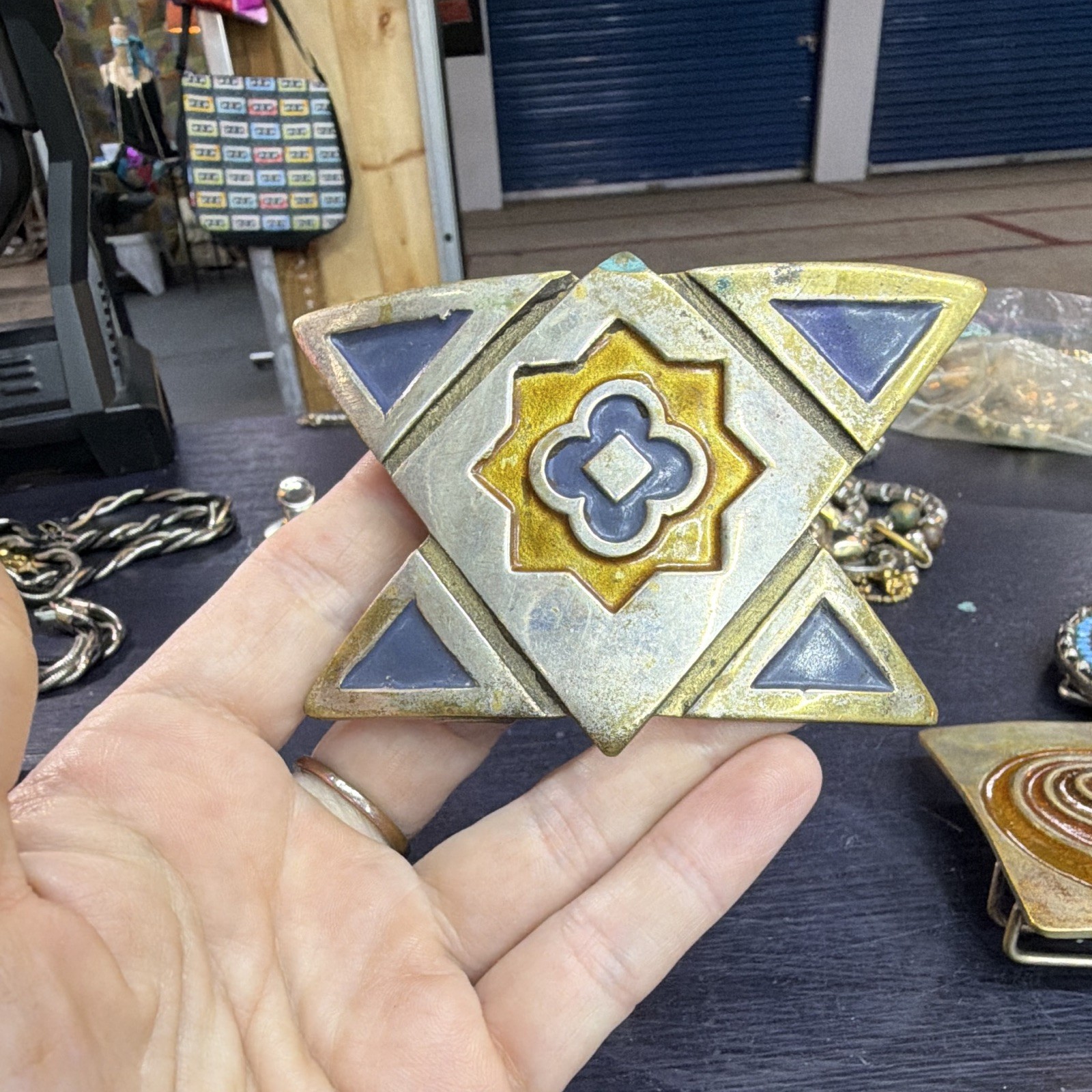 Vintage Geometric Star Enamel Brass Belt Buckle Gold Silver